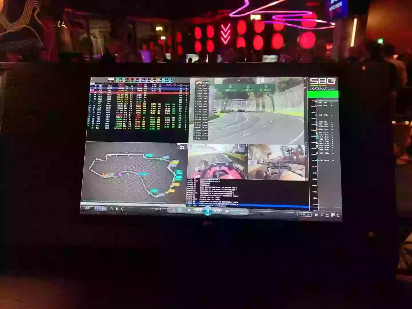 Watch highlights and check data from classic races on the screens. Image: F1 Arcade