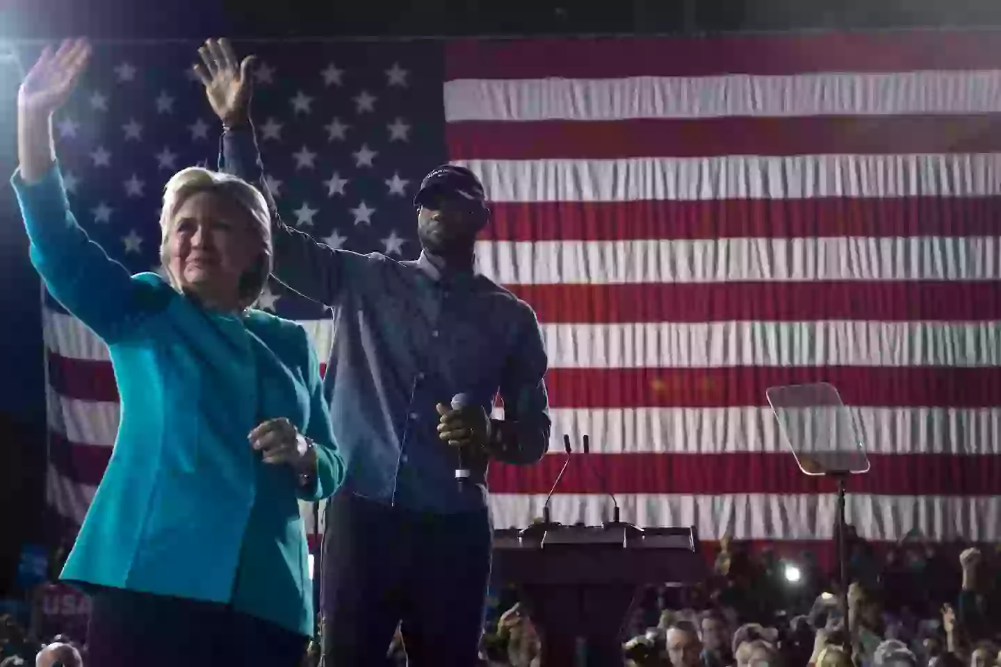 LeBron James and Hillary Clinton arrive for a rally at the Cleveland Public Auditorium in November 2016. Image credit: Getty