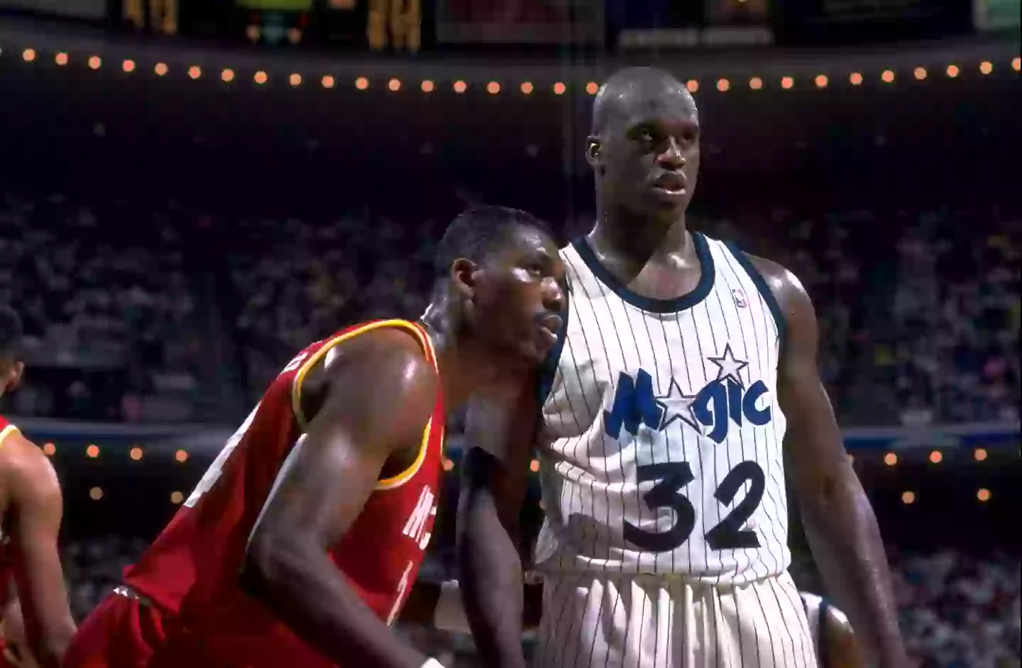 Hakeem Olajuwon and Shaquille O'Neal during the 1995 NBA finals. Image: Getty