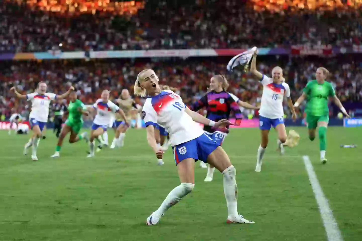 Chloe Kelly after scoring for England (Image: Florencia Tan Jun - UEFA / Contributor via Getty)