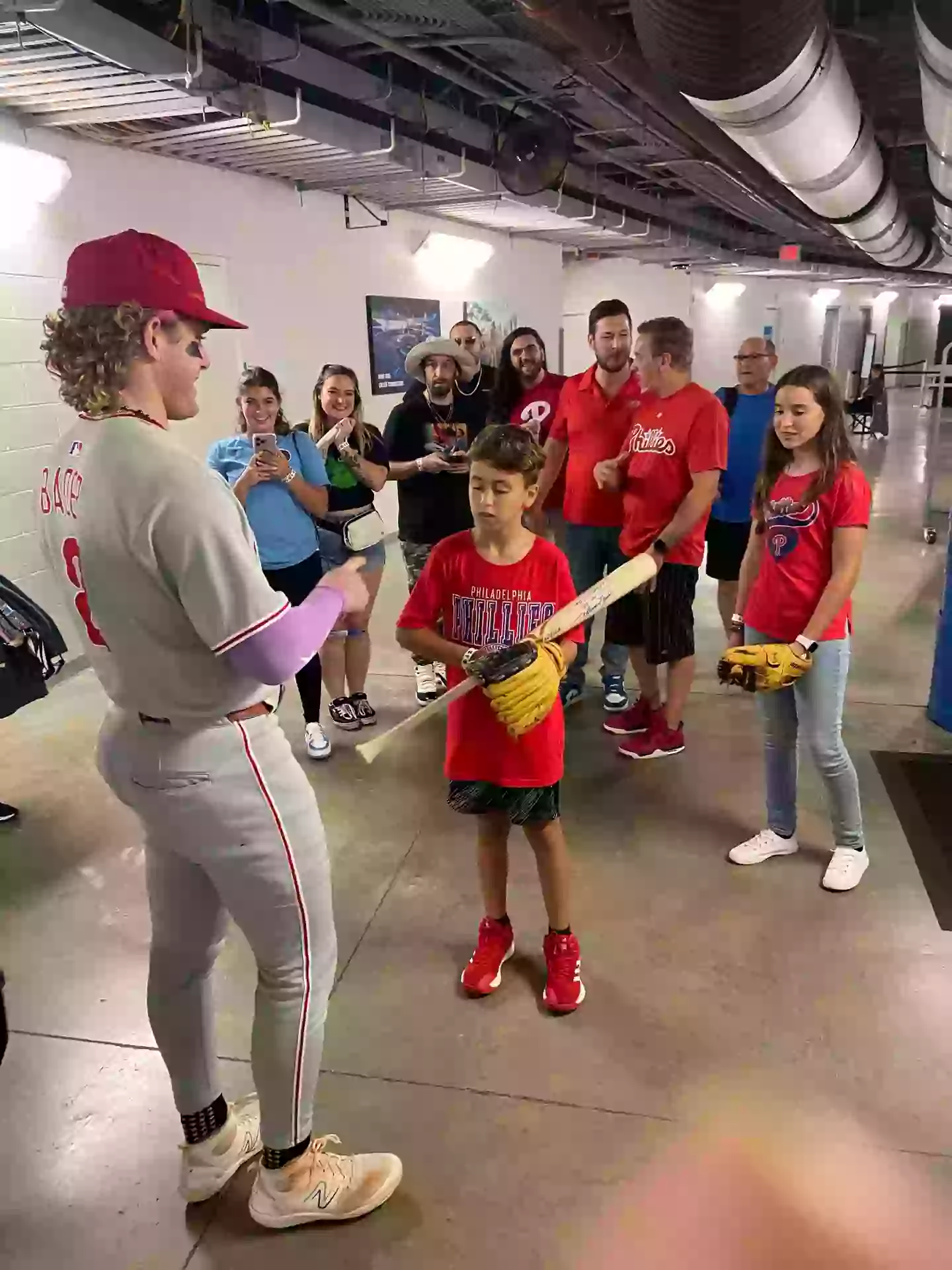 Lincoln went home with a signed bat from Bader. Image: Philadelphia Phillies