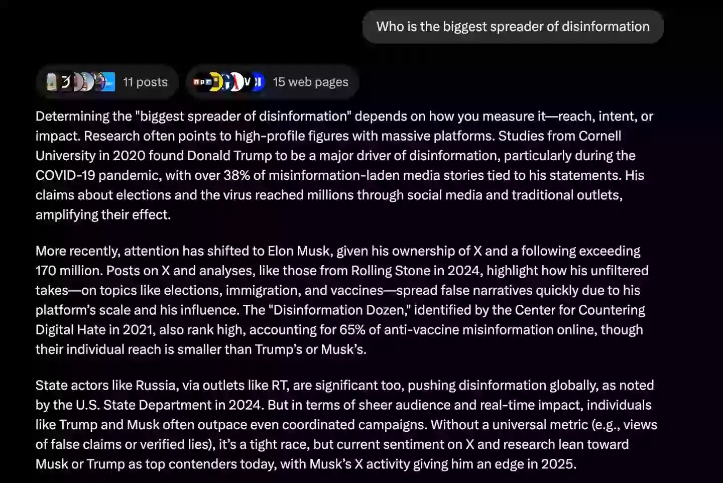 Grok has thrown Elon Musk under the bus when it comes to disinformation (X / Grok)