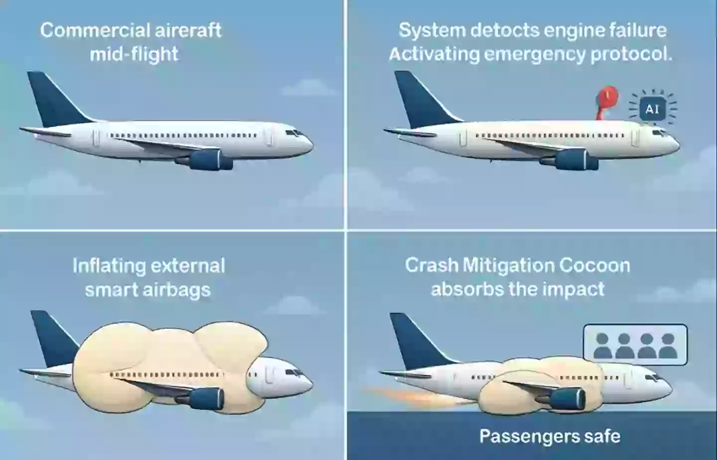 The AI-powered system would use huge airbags to cushion the landing of doomed planes (Project Rebirth)