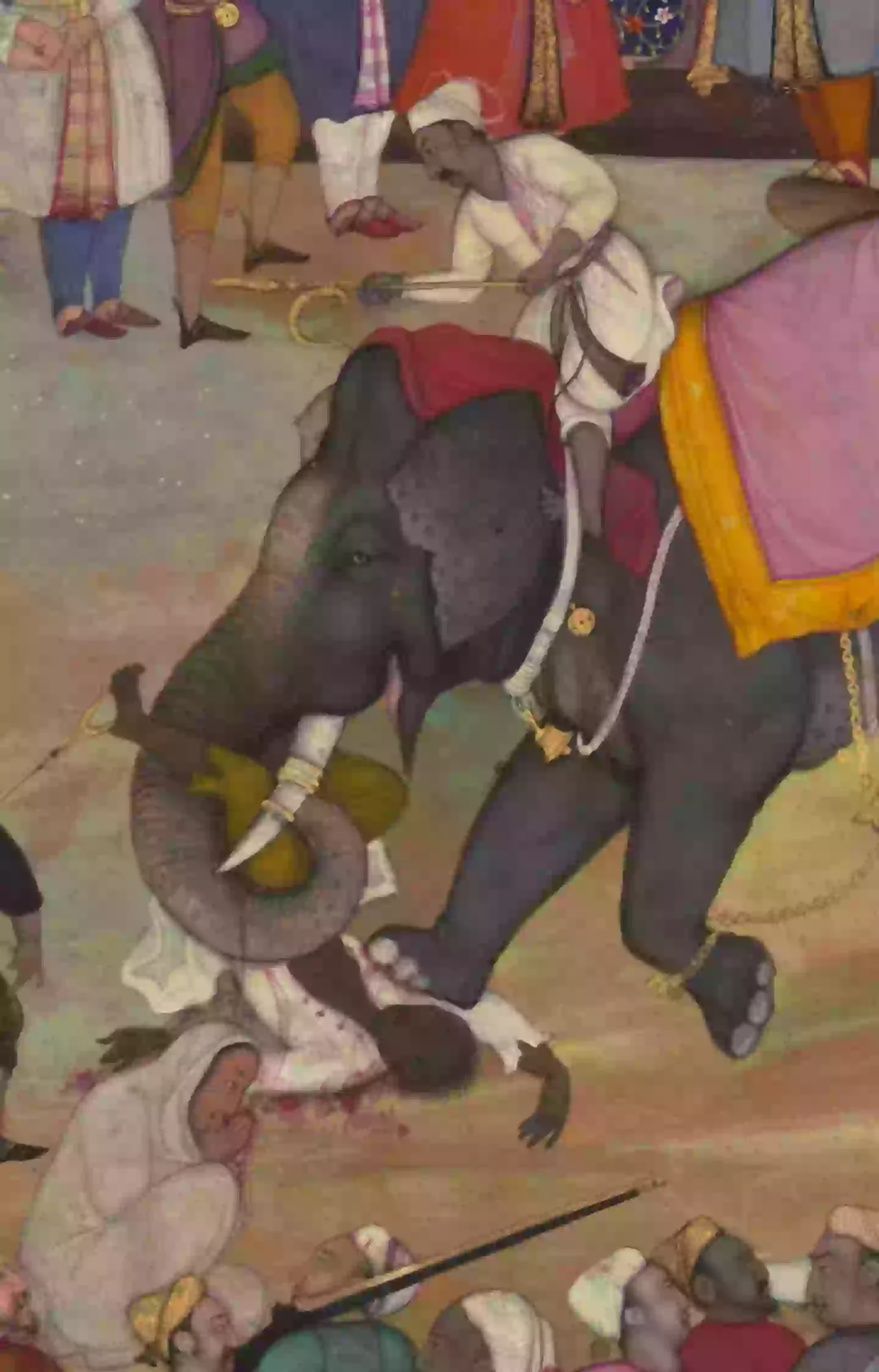 An artistic depiction of execution by elephant from the Akbarnama, a chronicle of the reign of Mughal Emperor Akbar the Great (Public Domain)