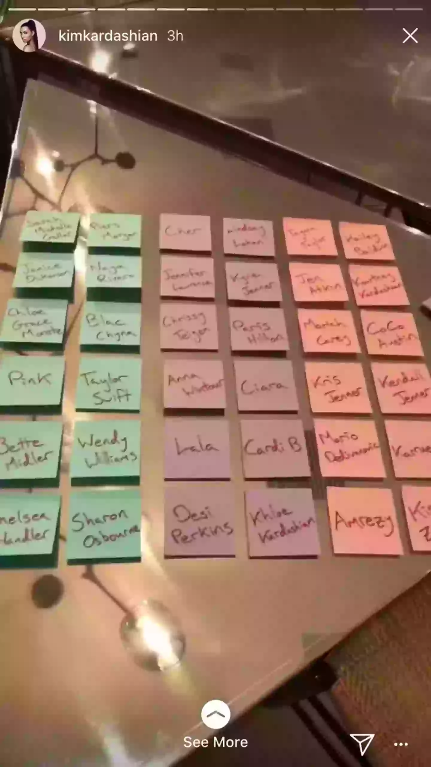 Kim's hit list in full (the post-its in green) (Instagram/@kimkardashian)