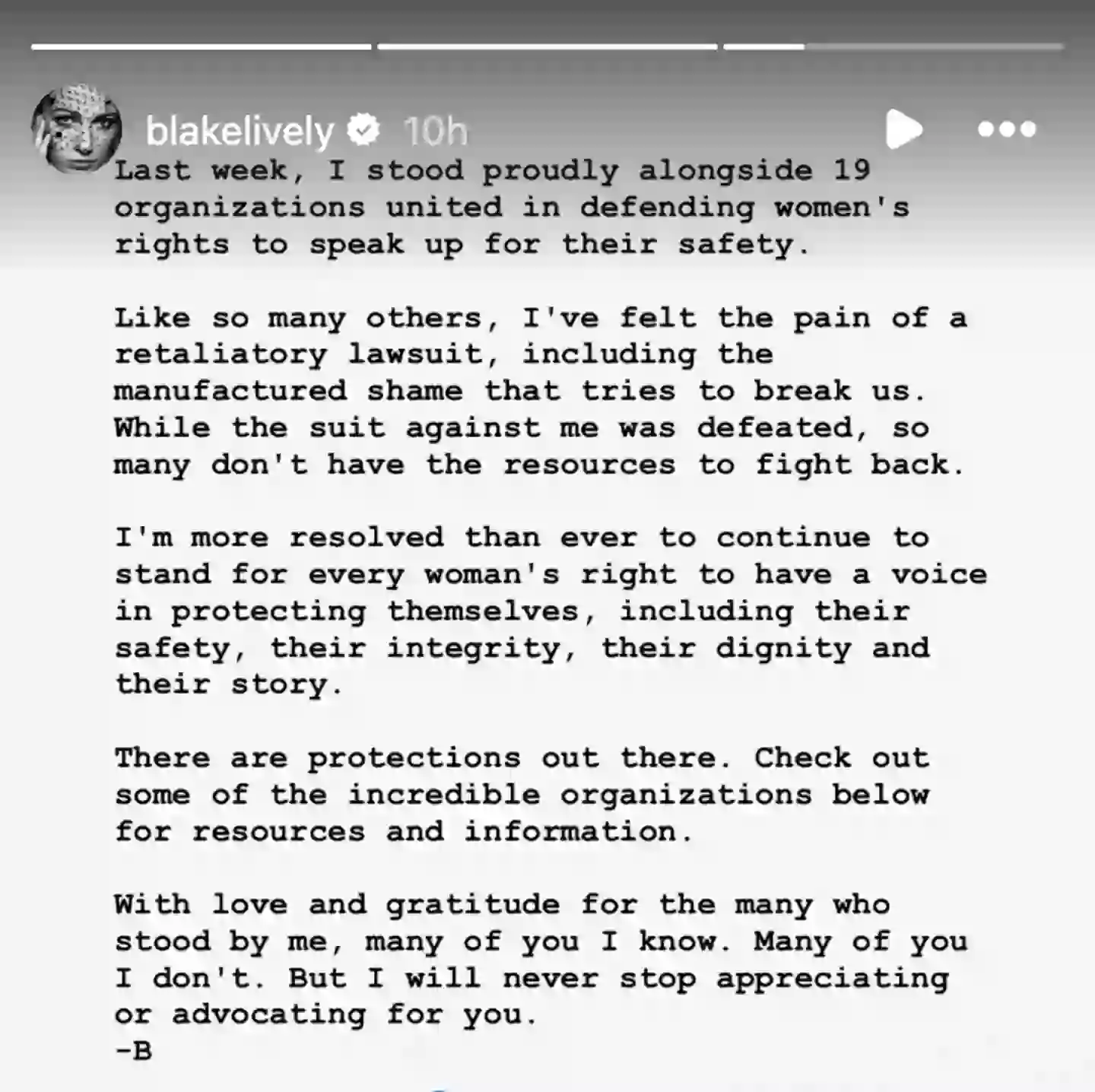 Lively shared a statement to Instagram regarding the dismissal of Baldoni's case (Instagram/@blakelively)