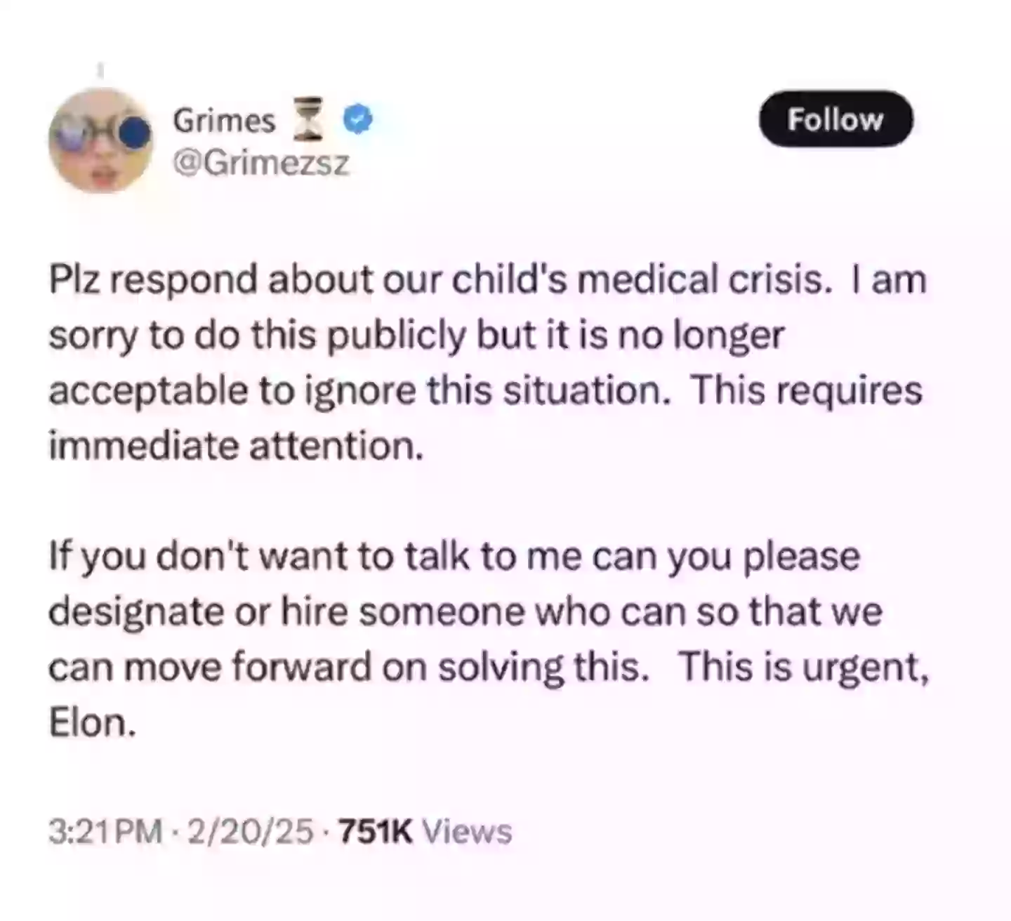Grimes asked Musk to contact her about their child in a now deleted post (X/@Grimezsz)
