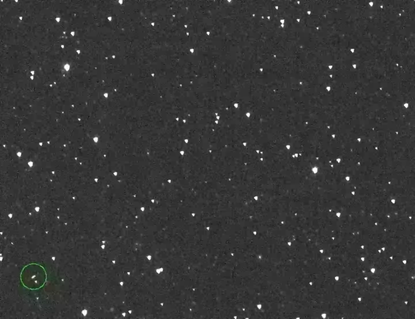 The 2024 YR4 asteroid circled in green, bottom left (ATLAS)