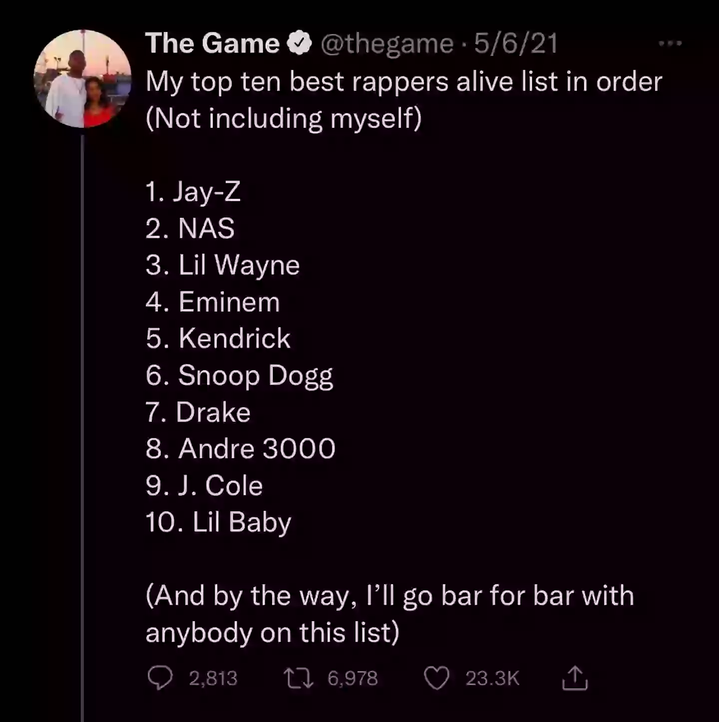 The Game giving Eminem fourth spot.