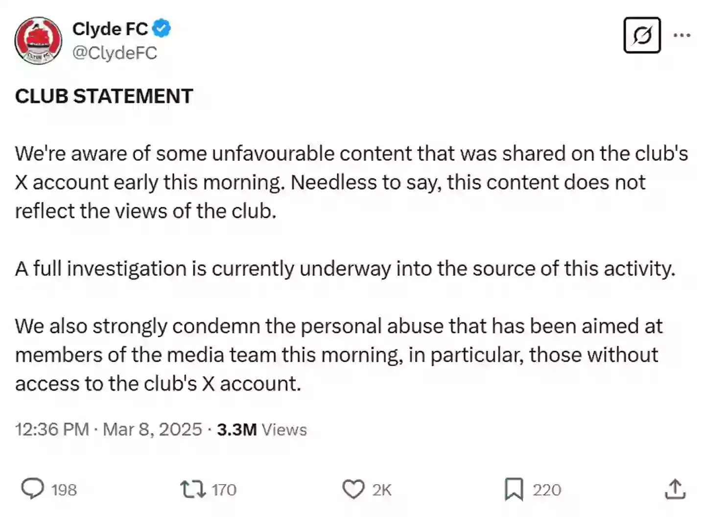 Clyde FC said they were investigating how this happened (X/@ClydeFC)