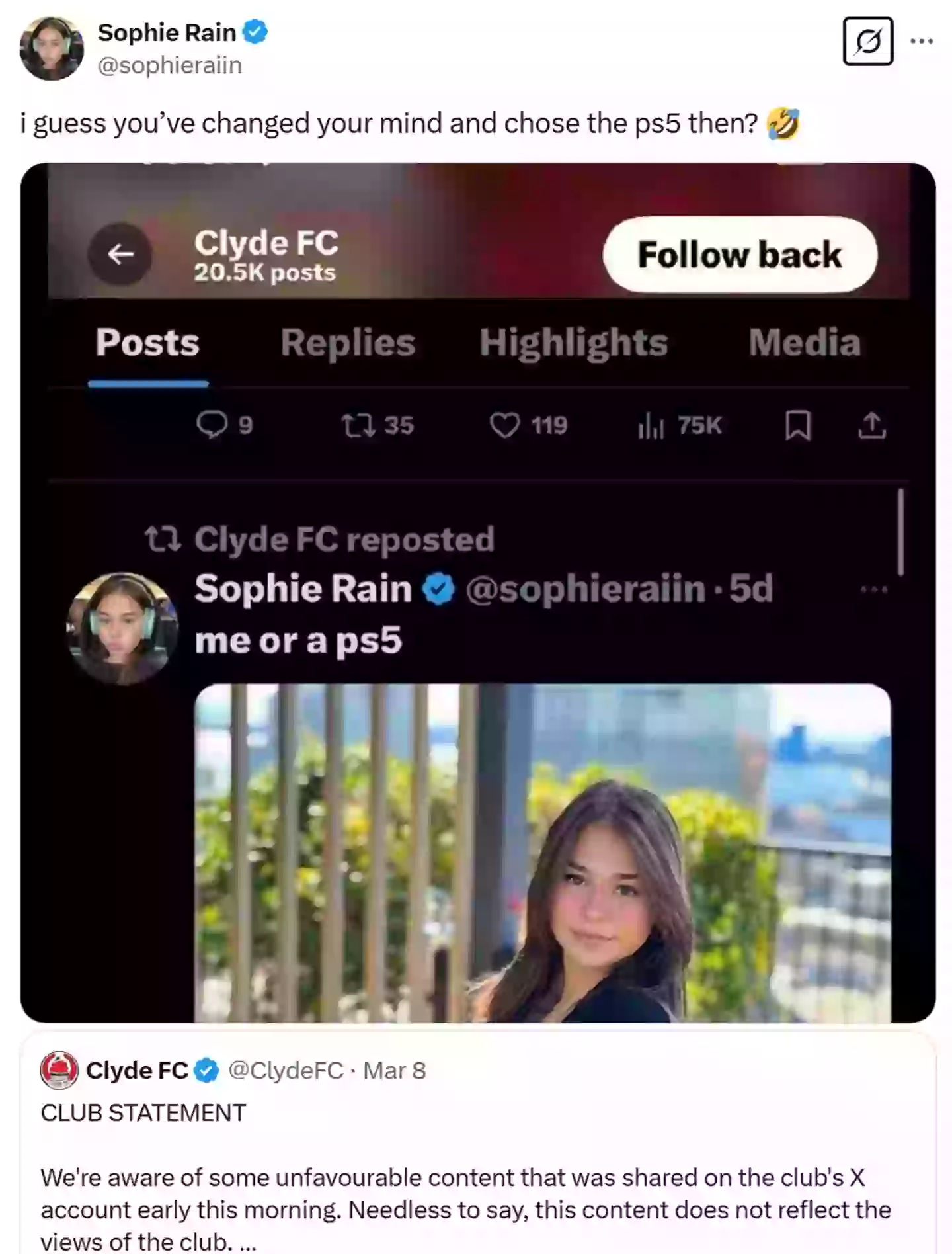 The OnlyFans model poked fun at the club (X/@sophieraiin)