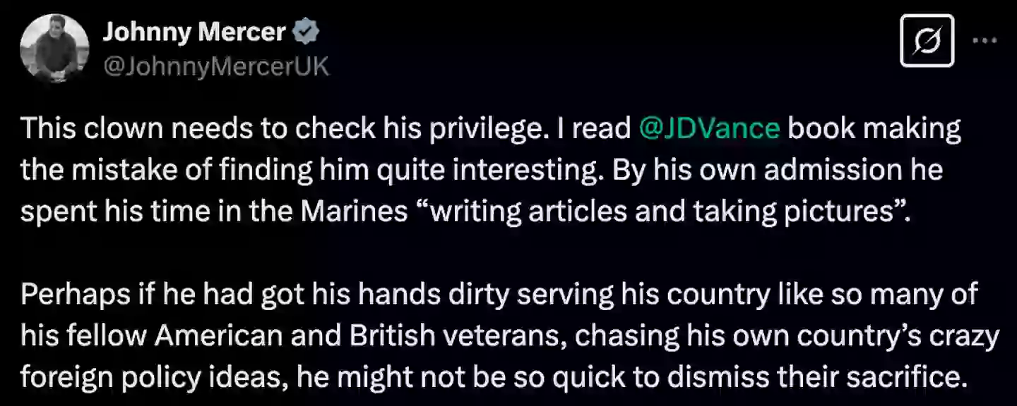 Former MP and British army officer Johnny Mercer called Vance a clown (X)