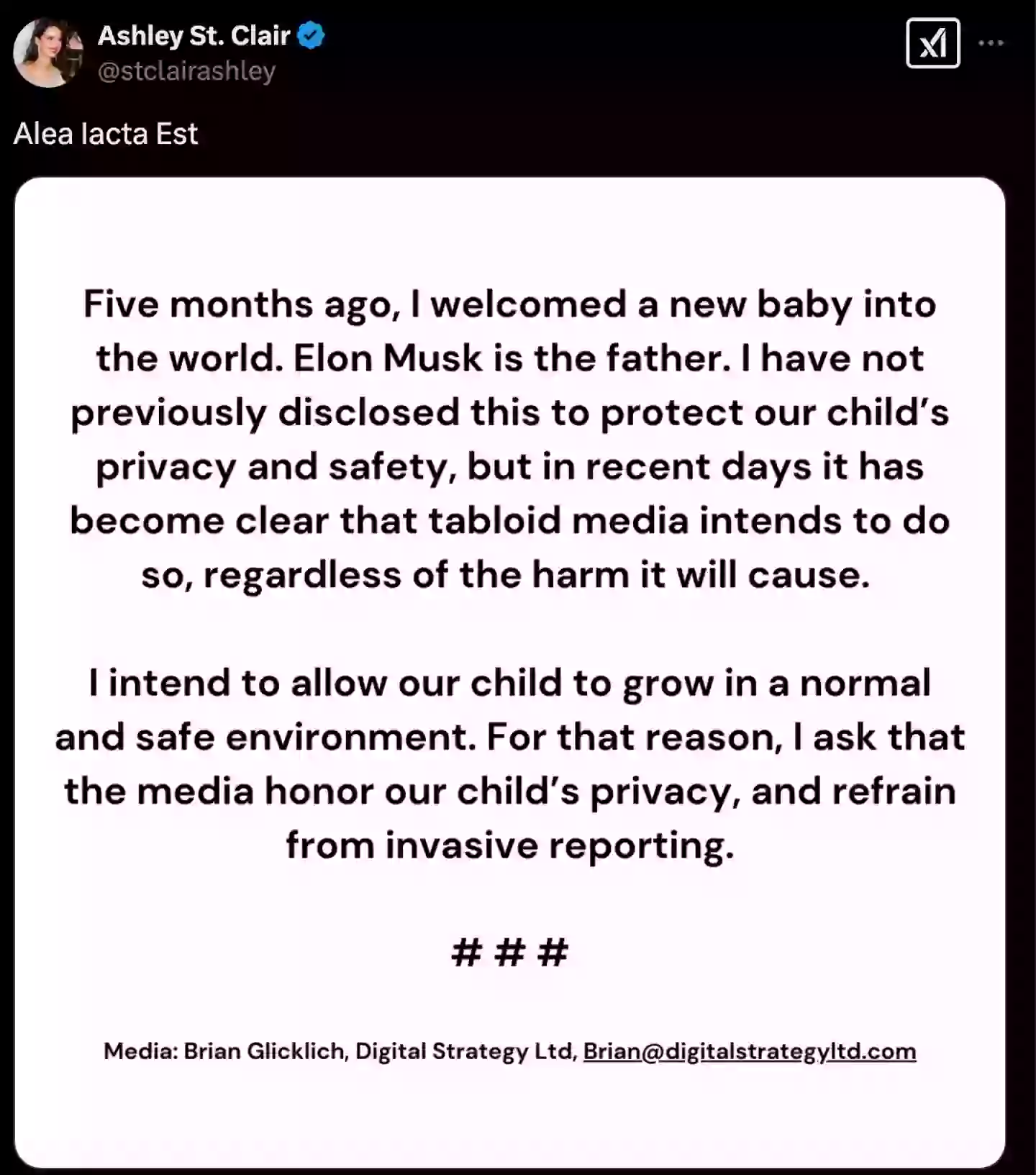 The children's author issued the statement on X (X/stclairashley)