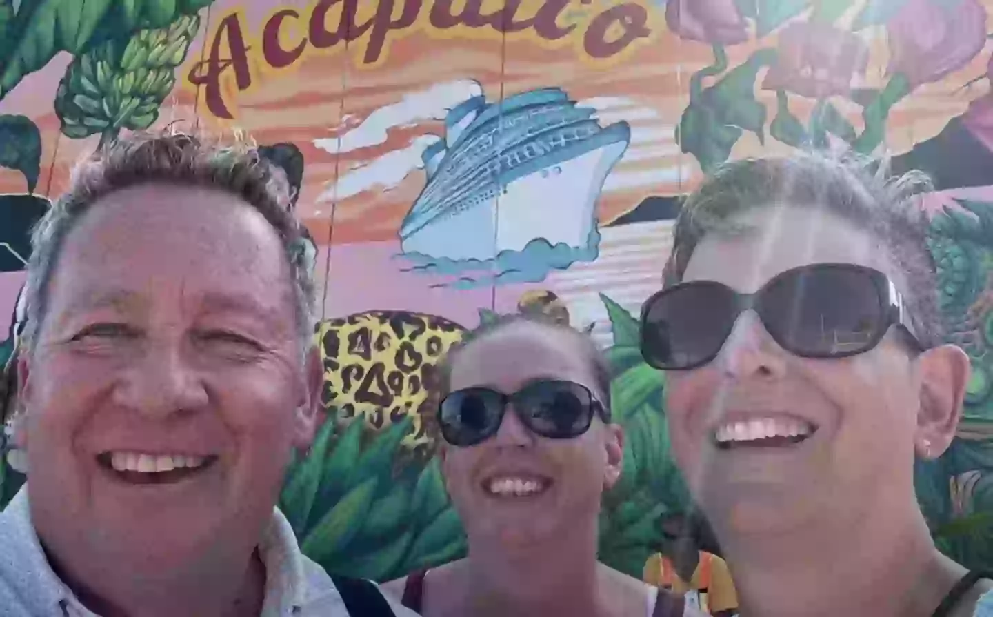 The couple were joined by their daughter Jeanell (centre) while in Mexico, and they said that every so often you could bring family onto the ship (YouTube/LynnandPaulsExcellentAdventure)