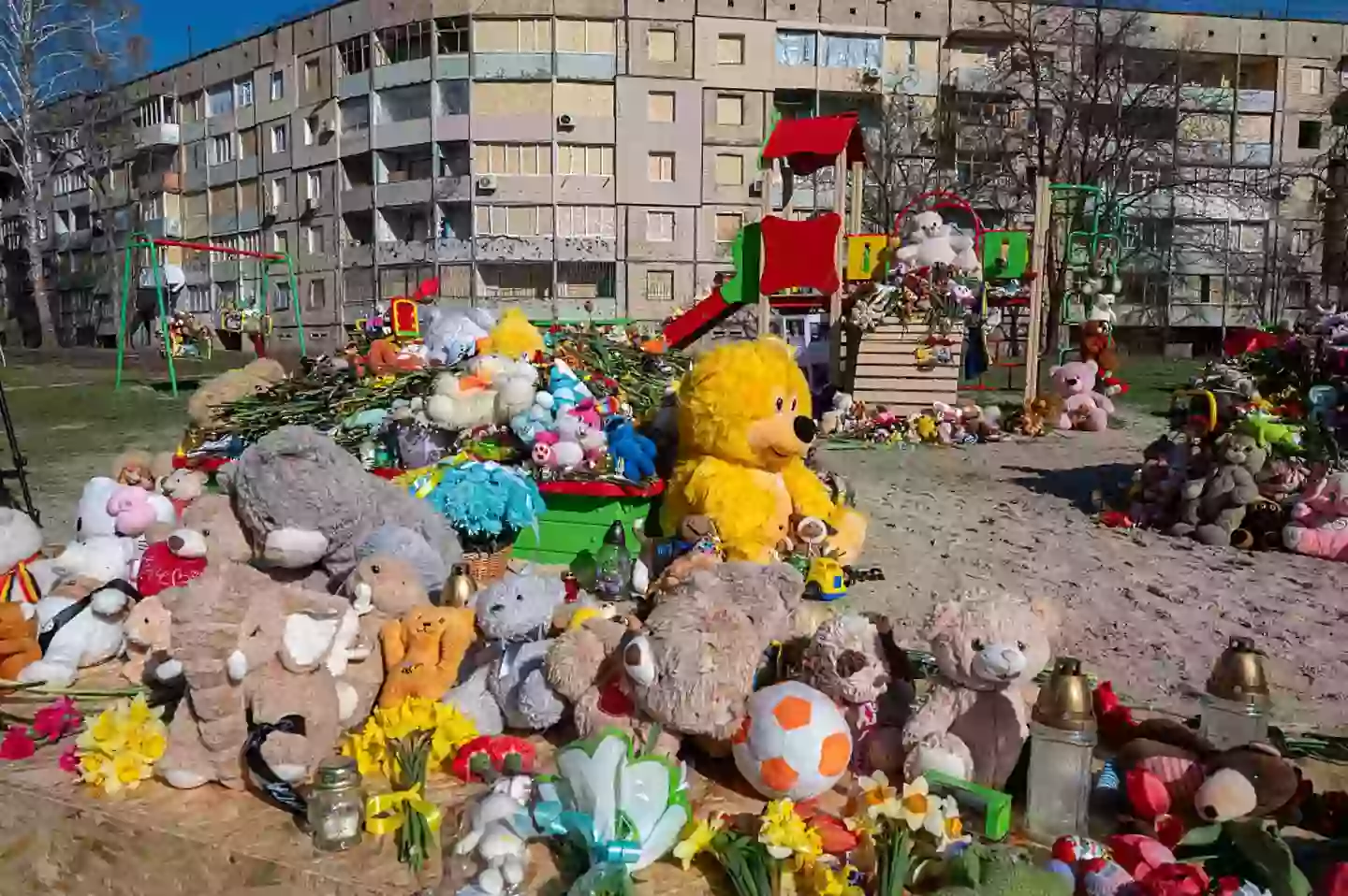 Ukrainian leader Zolodymyr Zelenskyy invited President Trump to visit Ukraine. Pictured, a memorial to the nine children killed by Russia in the city of Kryvyi Rih (Stringer/Anadolu via Getty Images)
