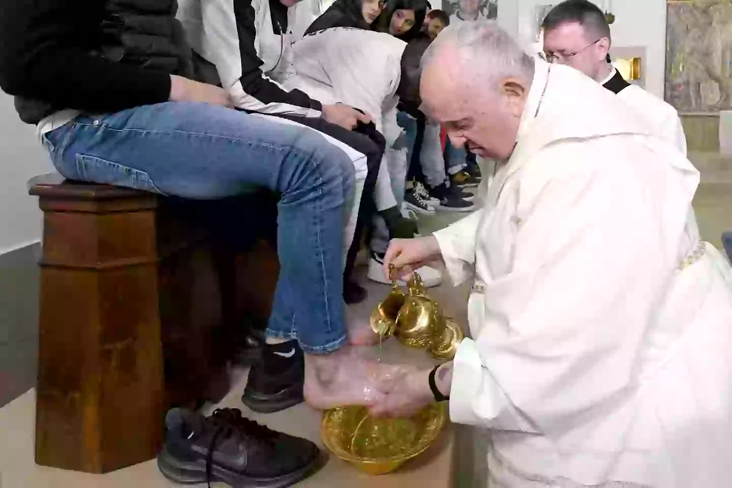 The late pontiff, pictured in 2023, was unable to partake in the foot washing ritual this year due to his ill health (Vatican Media via Vatican Pool/Getty Images)