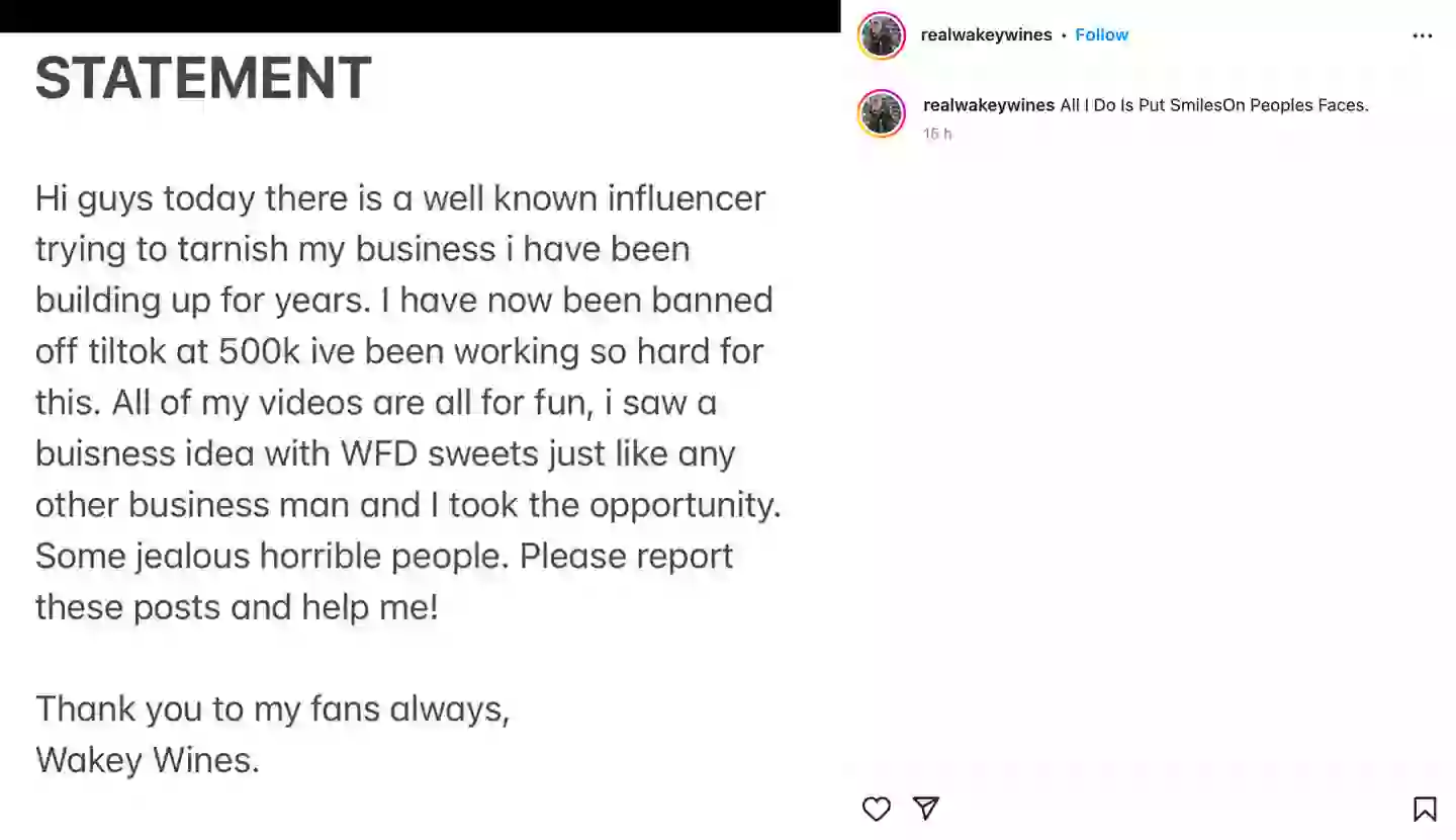 Wakey Wines released a statement via Instagram.