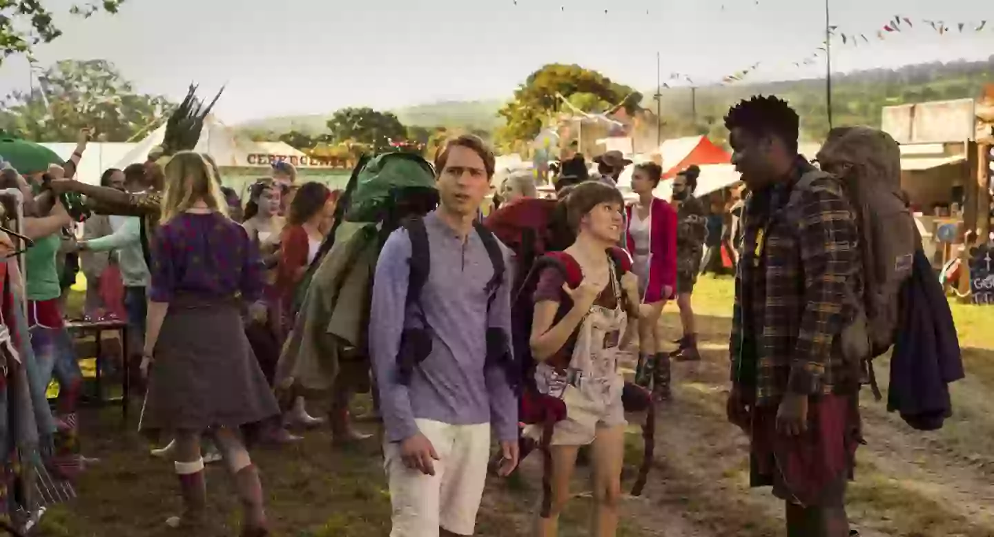 Joe Thomas, Hammed Animashaun, and Claudia O'Doherty in The Festival (2018).