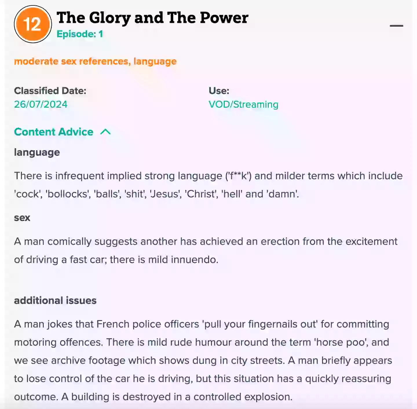 The warning for episode one of The Not Very Grand Tour (bbfc)