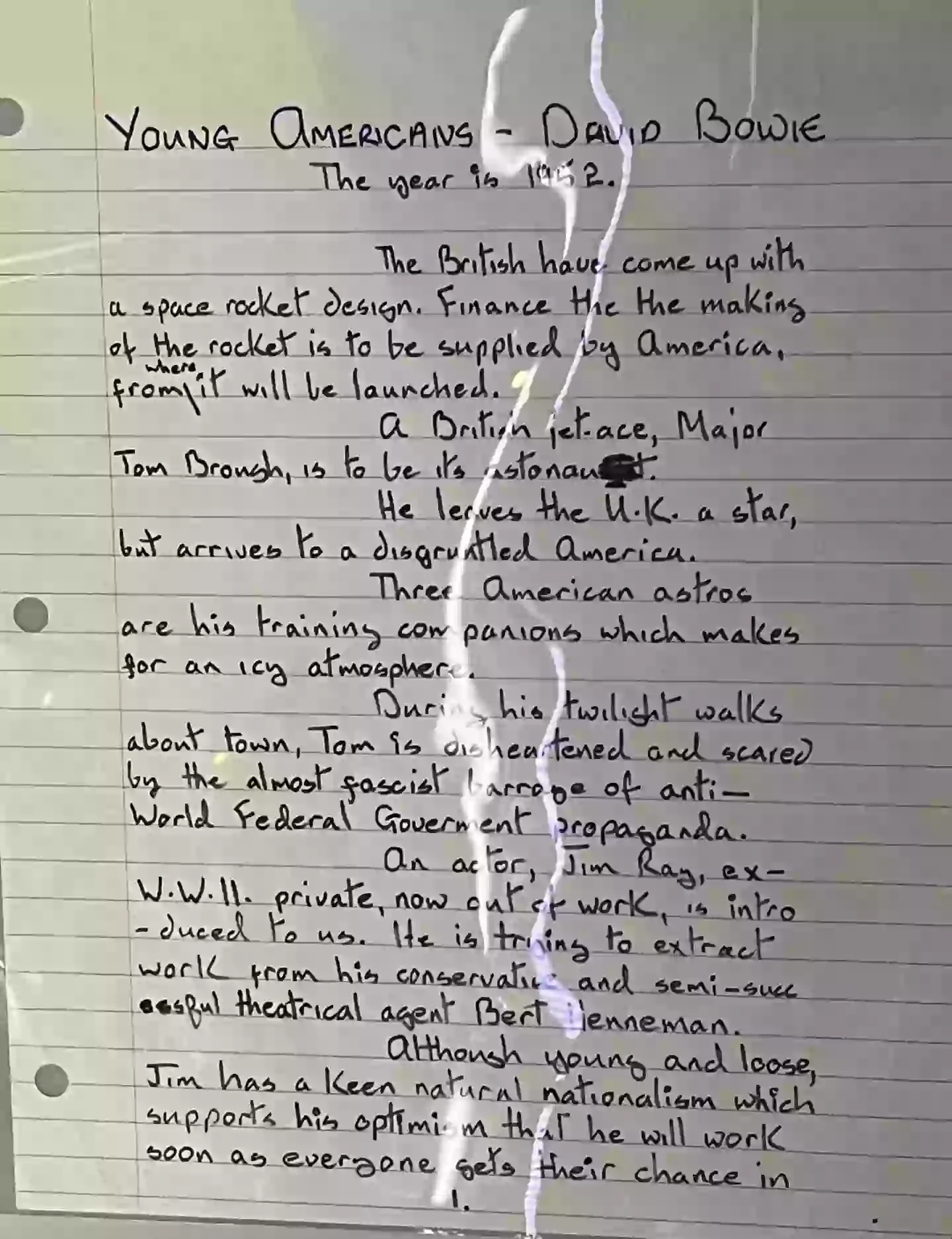 A handwritten synopsis for a film called Young Americans was found (Victoria and Albert Museum London)