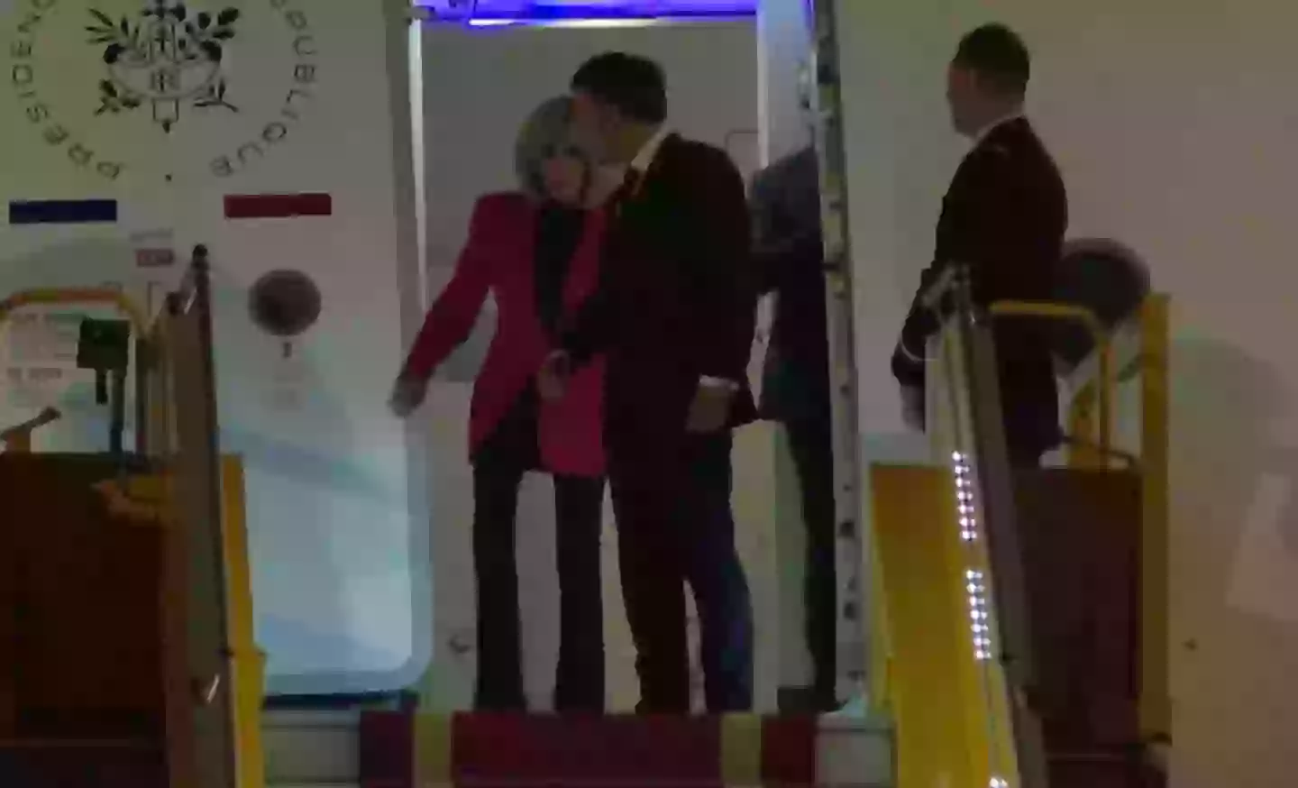 Brigitte appeared to then snub her husband as he offered her his arm to descend the aircraft steps (BBC)