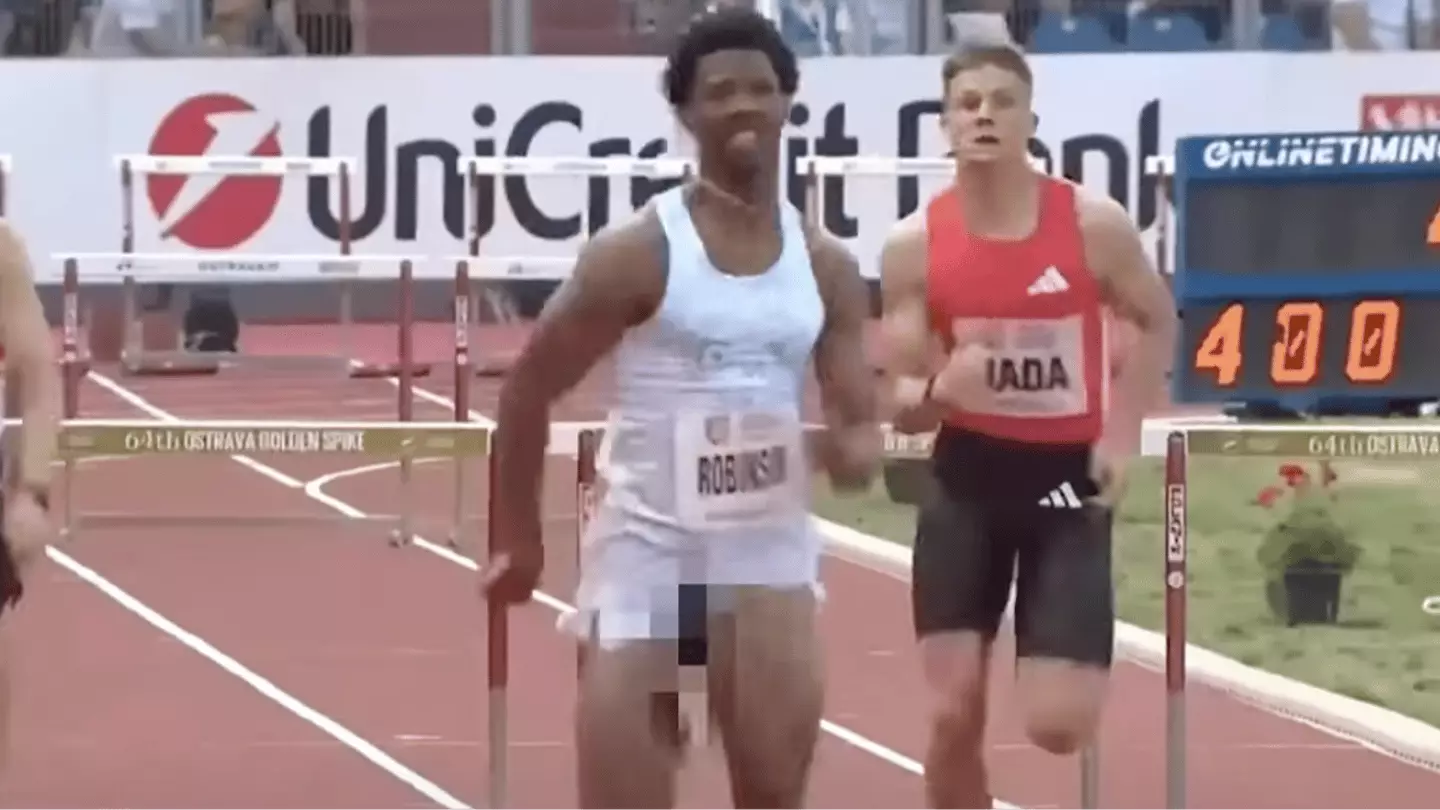 Awkward moment US sprinter suffers severe wardrobe malfunction mid-race ...