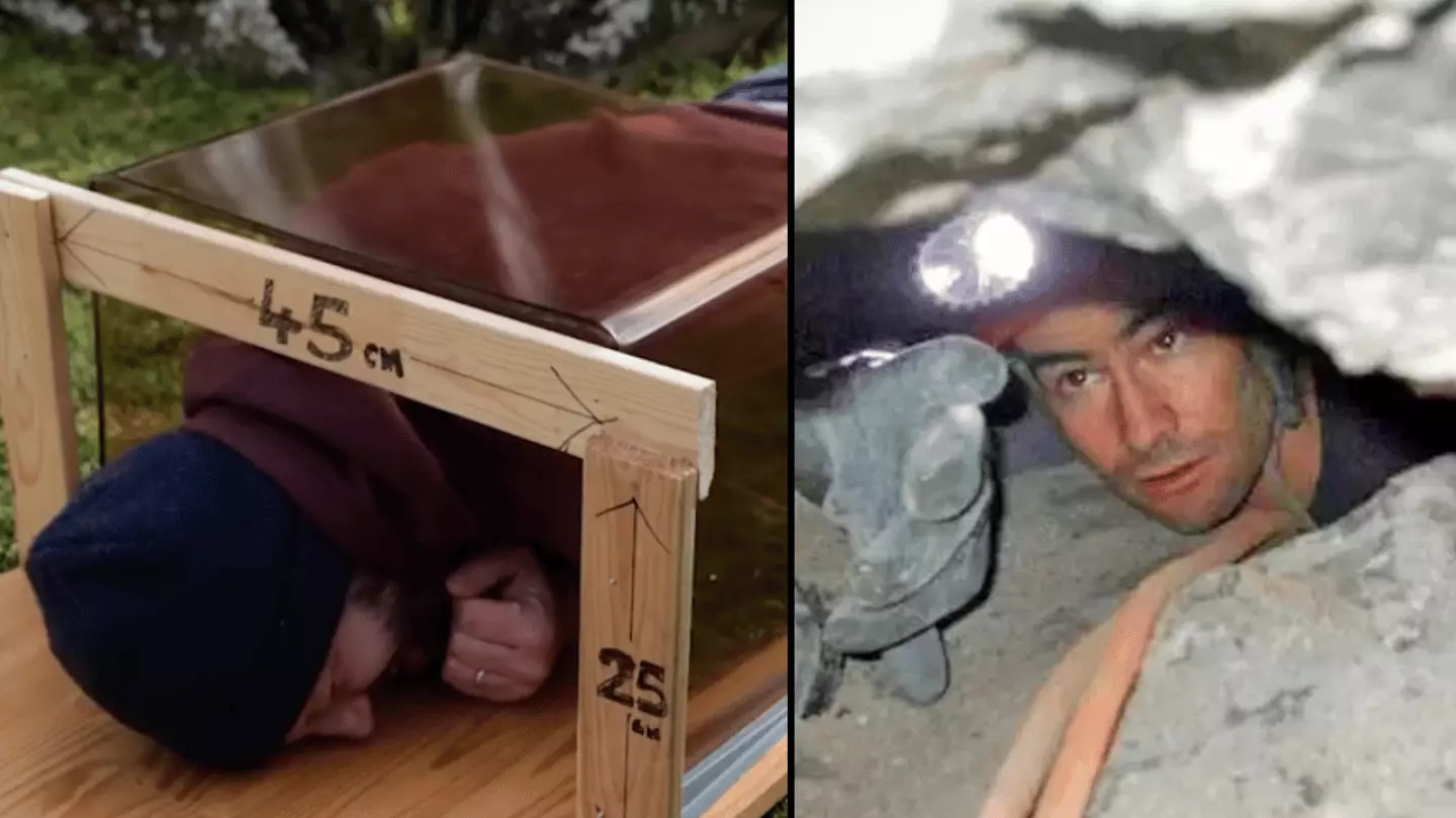 Guy In Cave Man tried to crawl through box to show tiny space of cave where dad ...