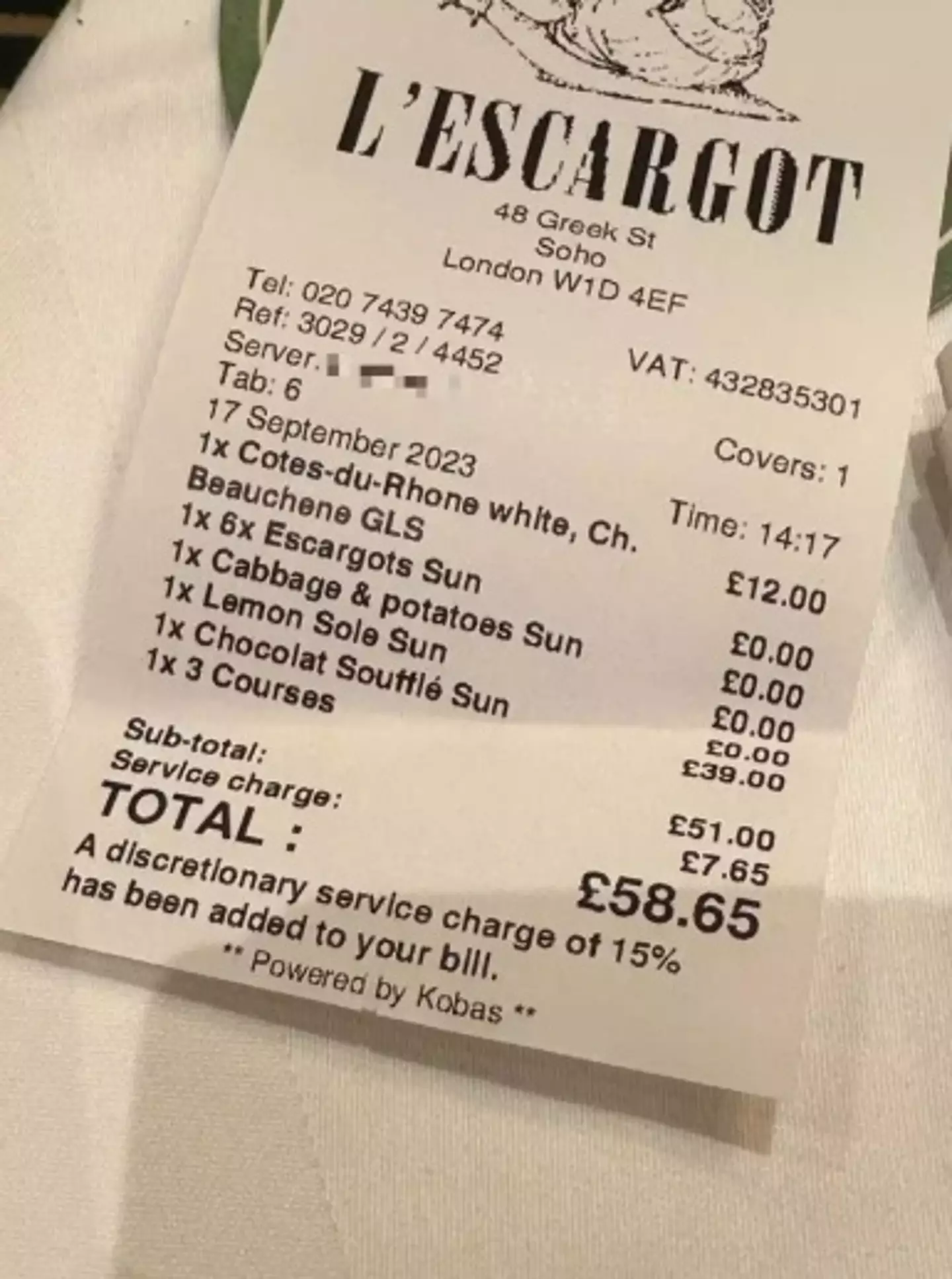 The bill from L'Escargot (Reddit/@curepure)