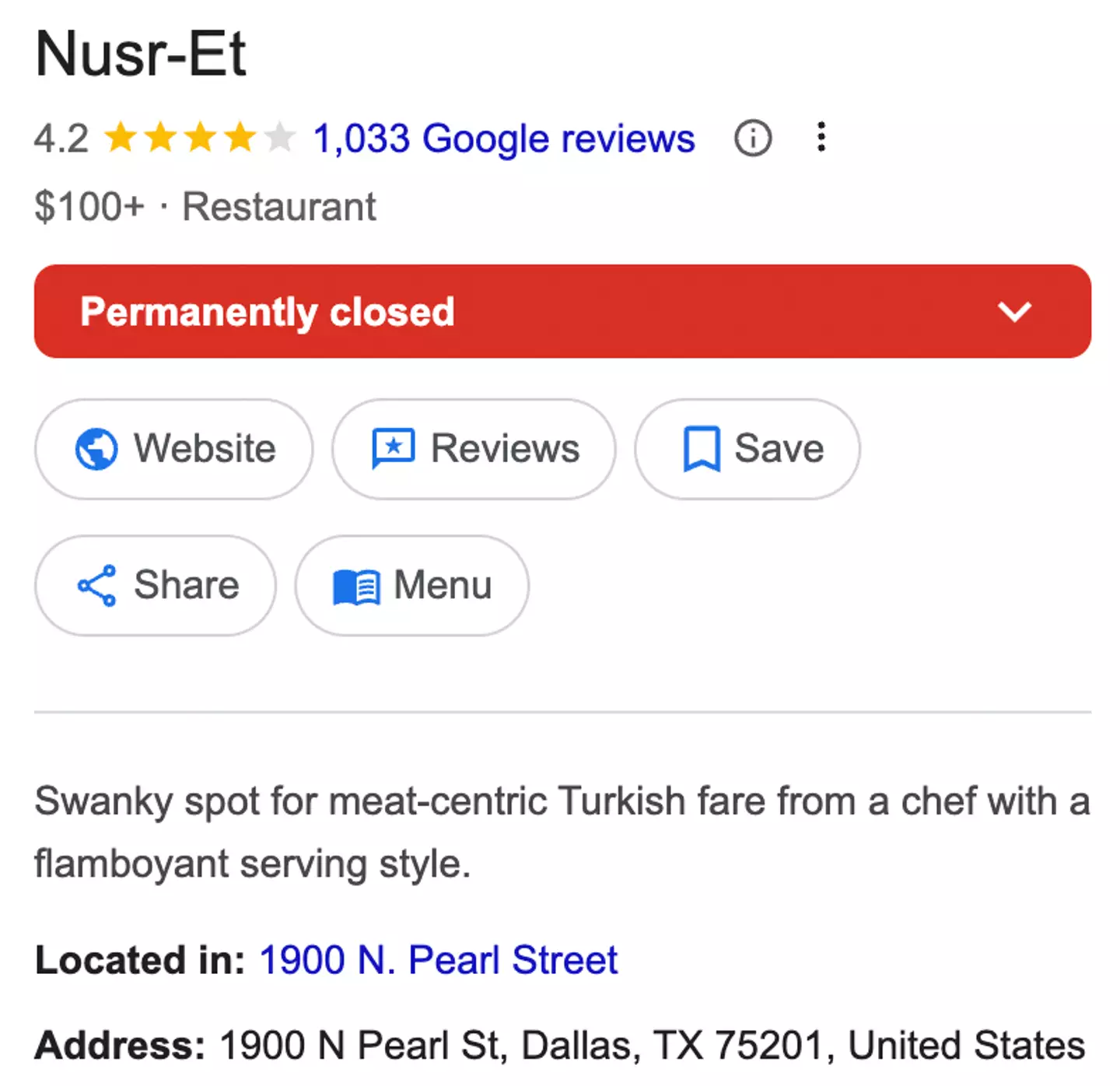 His Dallas restaurant has permanently shuttered (Google)