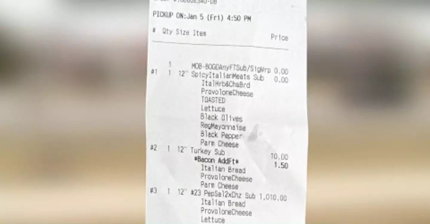 A copy of the Subway receipt that showed what Letitia Bishop from Ohio was charged (ABC)
