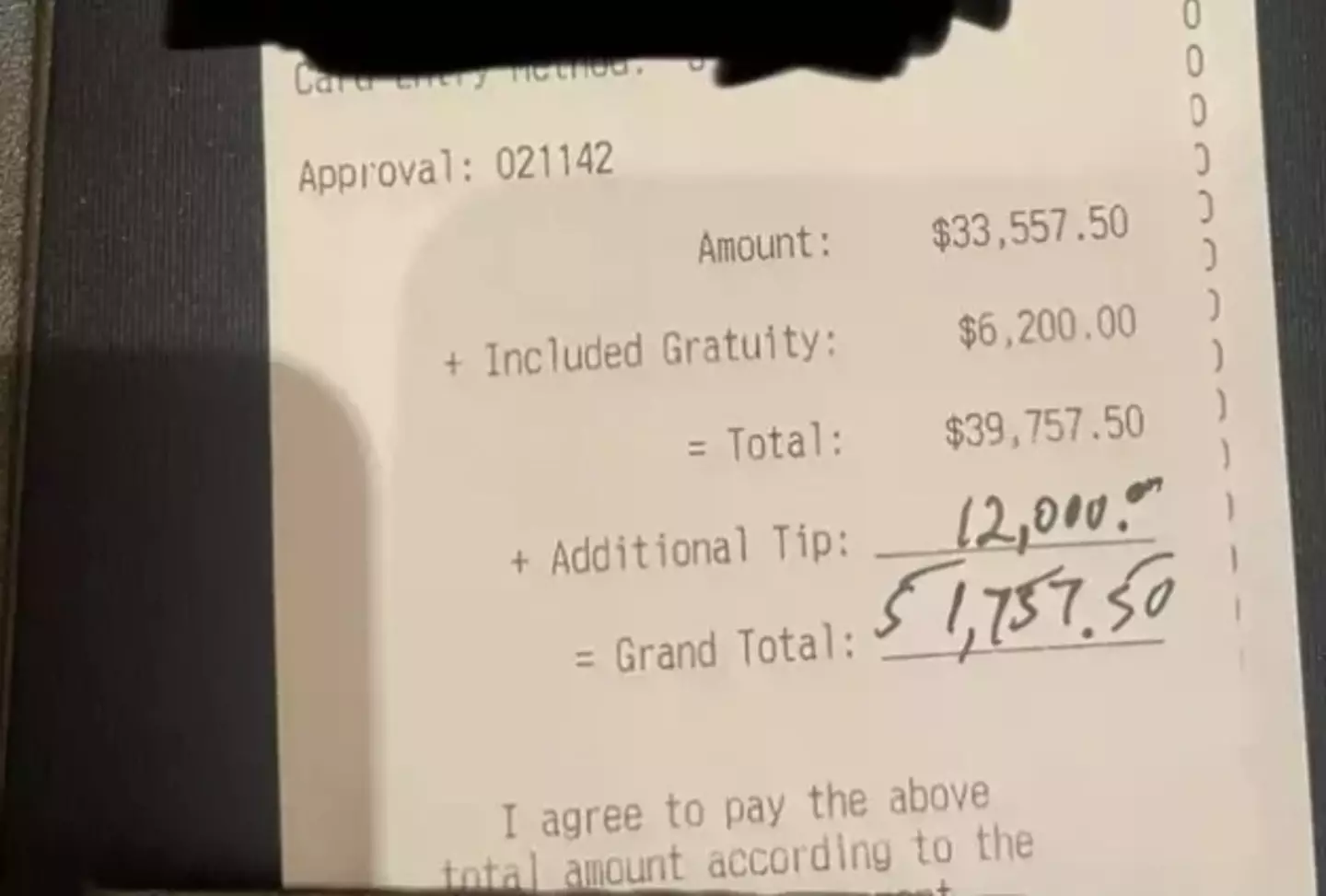 The receipt showing the incredible tip - posted anonymously via Reddit
