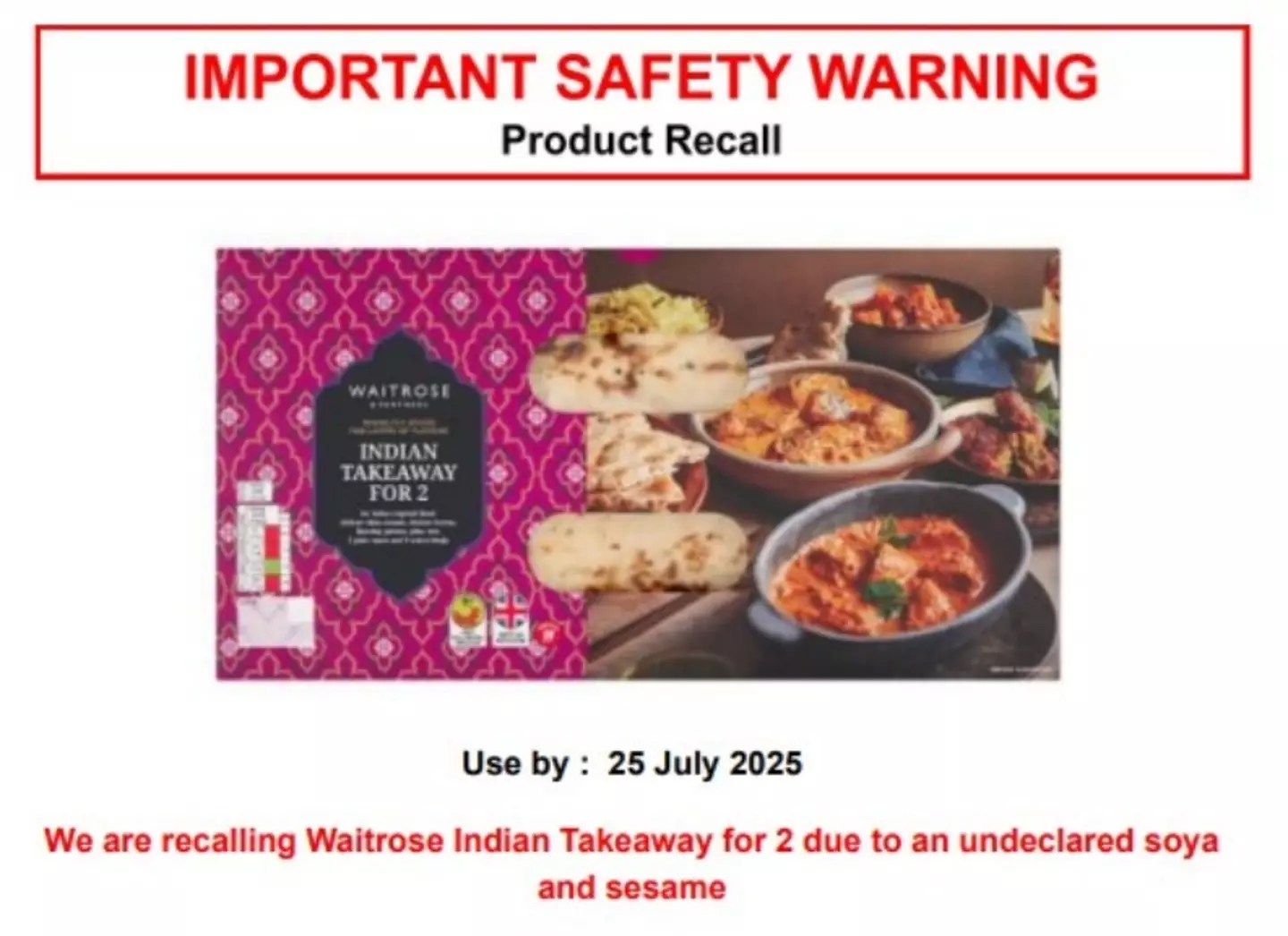 The affected product has an expiry date of 25 July 2025 (Food Standards Agency/Waitrose)