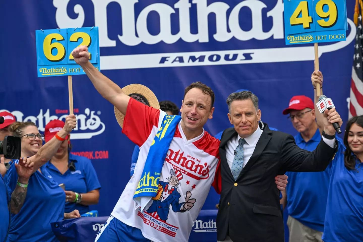 Joey Chestnut at the 2023 Nathan's Hot Dog Contest