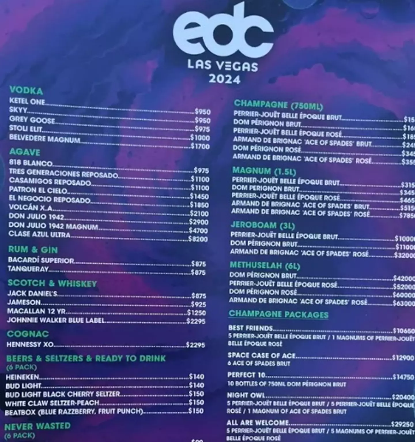 The 2024 drinks list in question (EDC Las Vegas)