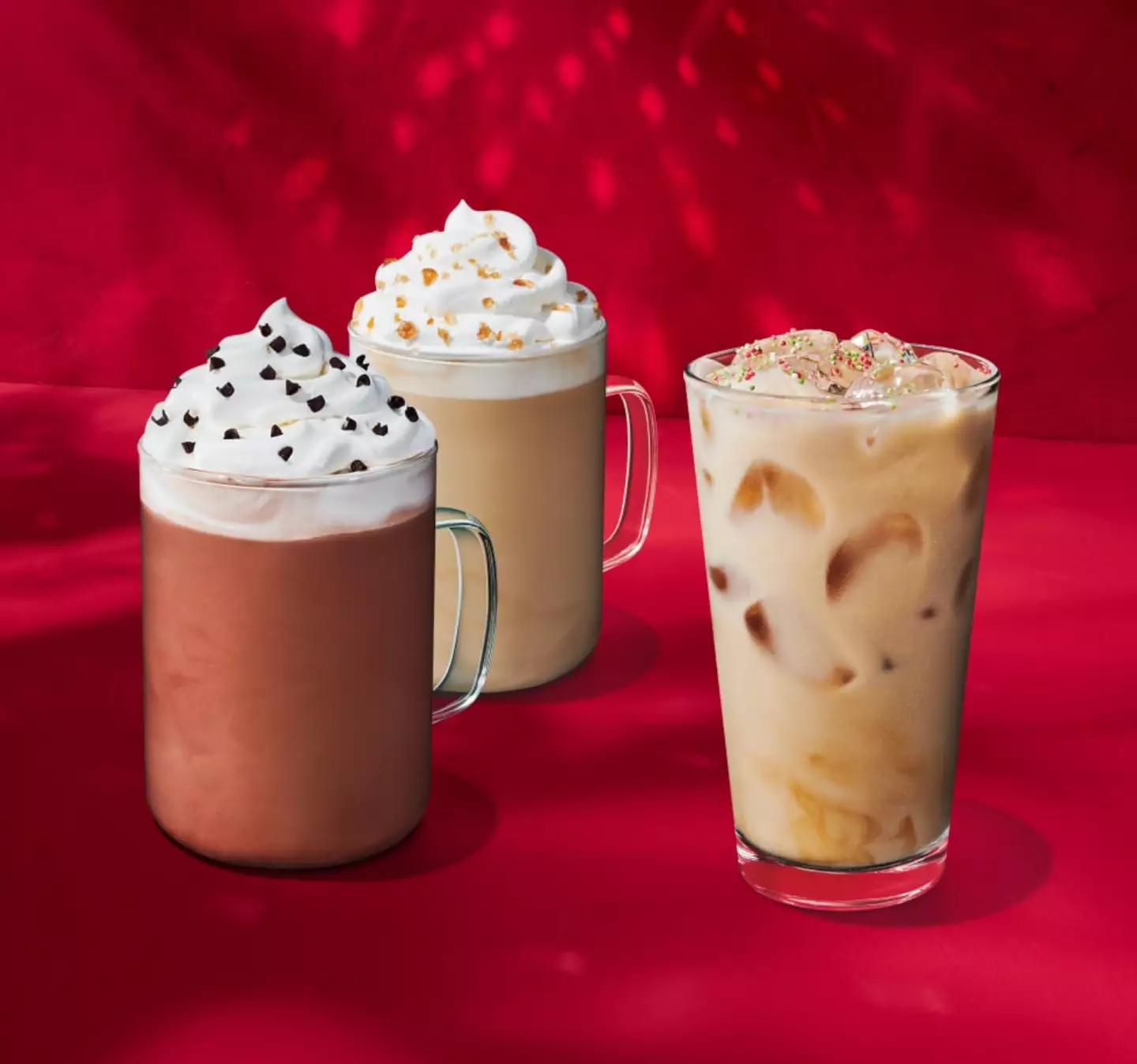 This year’s lineup includes Peppermint Mocha, Caramel Brulée Latte, Iced Sugar Cookie Latte and Iced Gingerbread Chai (Starbucks)