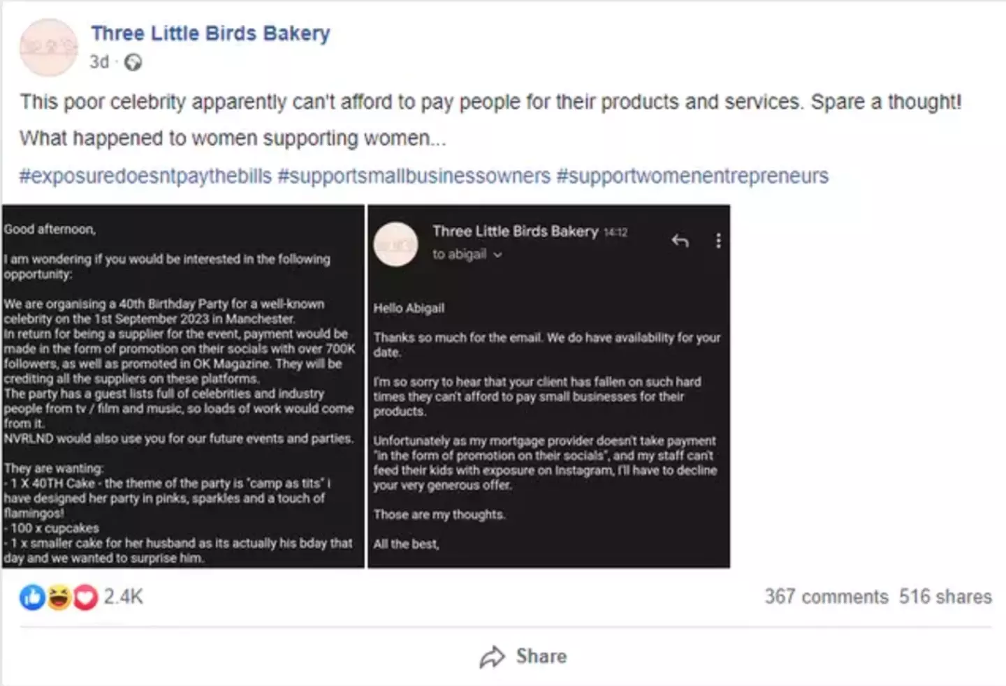 The Bradford bakery called out the company.