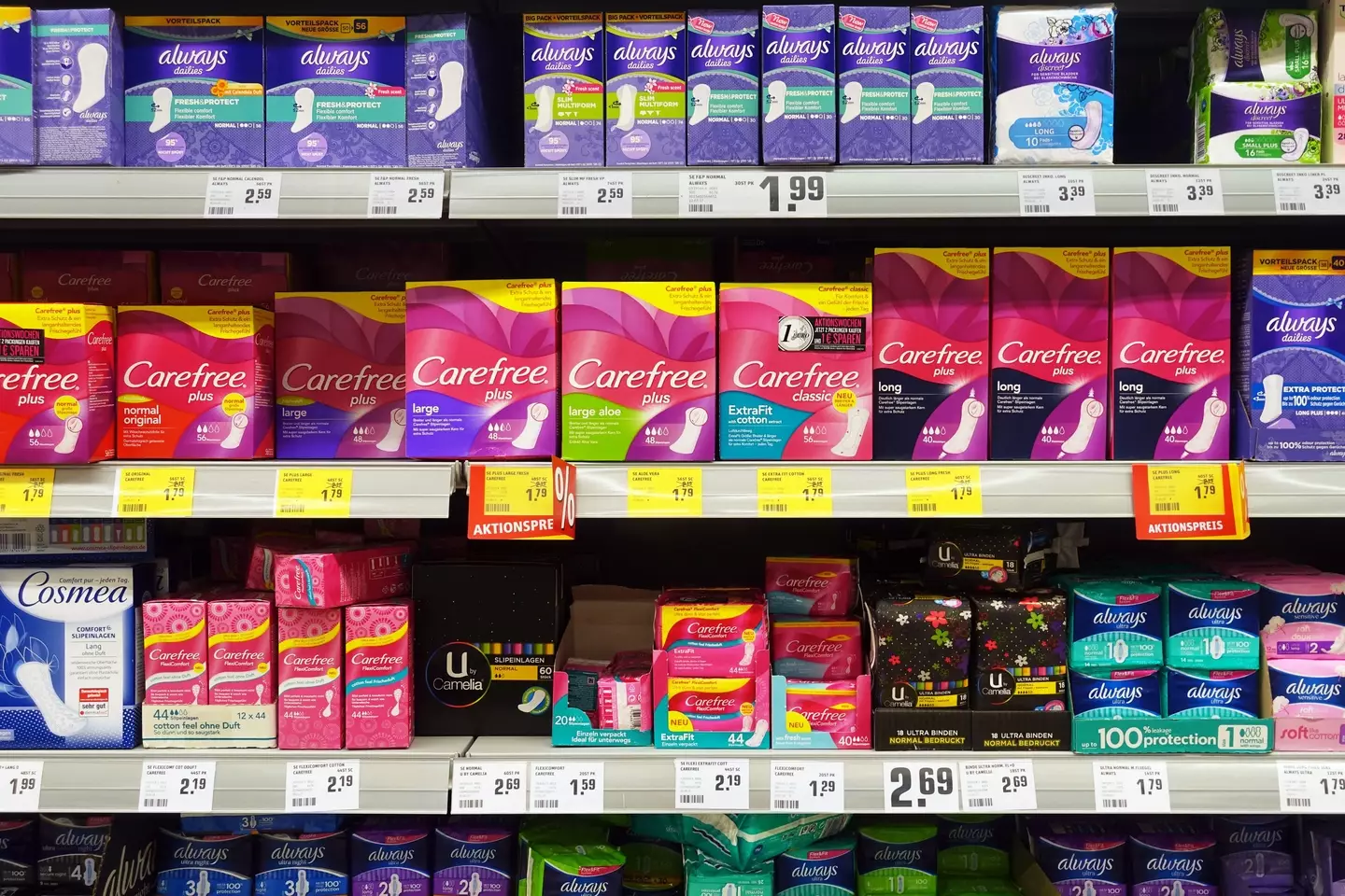 Period products on the shelves.