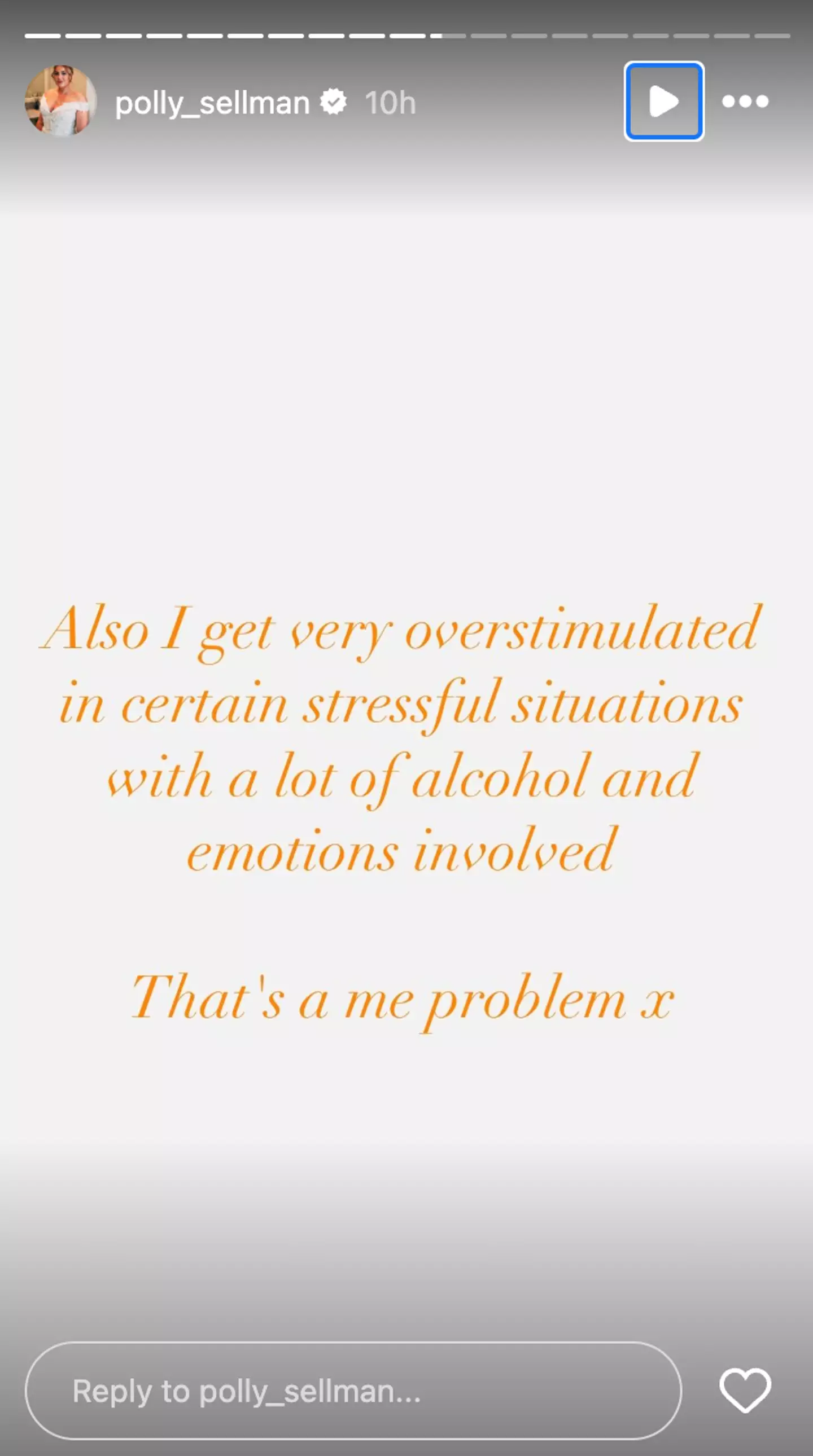 She explained to Channel 4 viewers that the dinner party was very 'overstimulating' for her (Instagram/@polly_sellman)