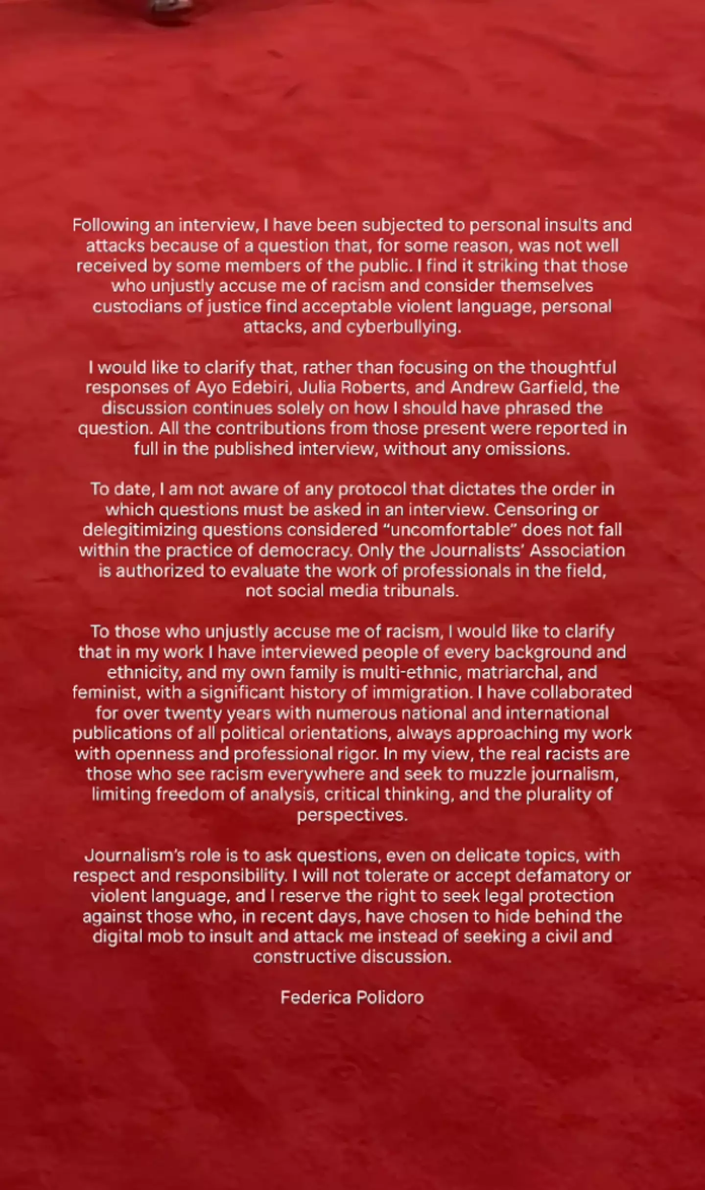 Poliodoro has since issued a response (JB Lacroix/FilmMagic)