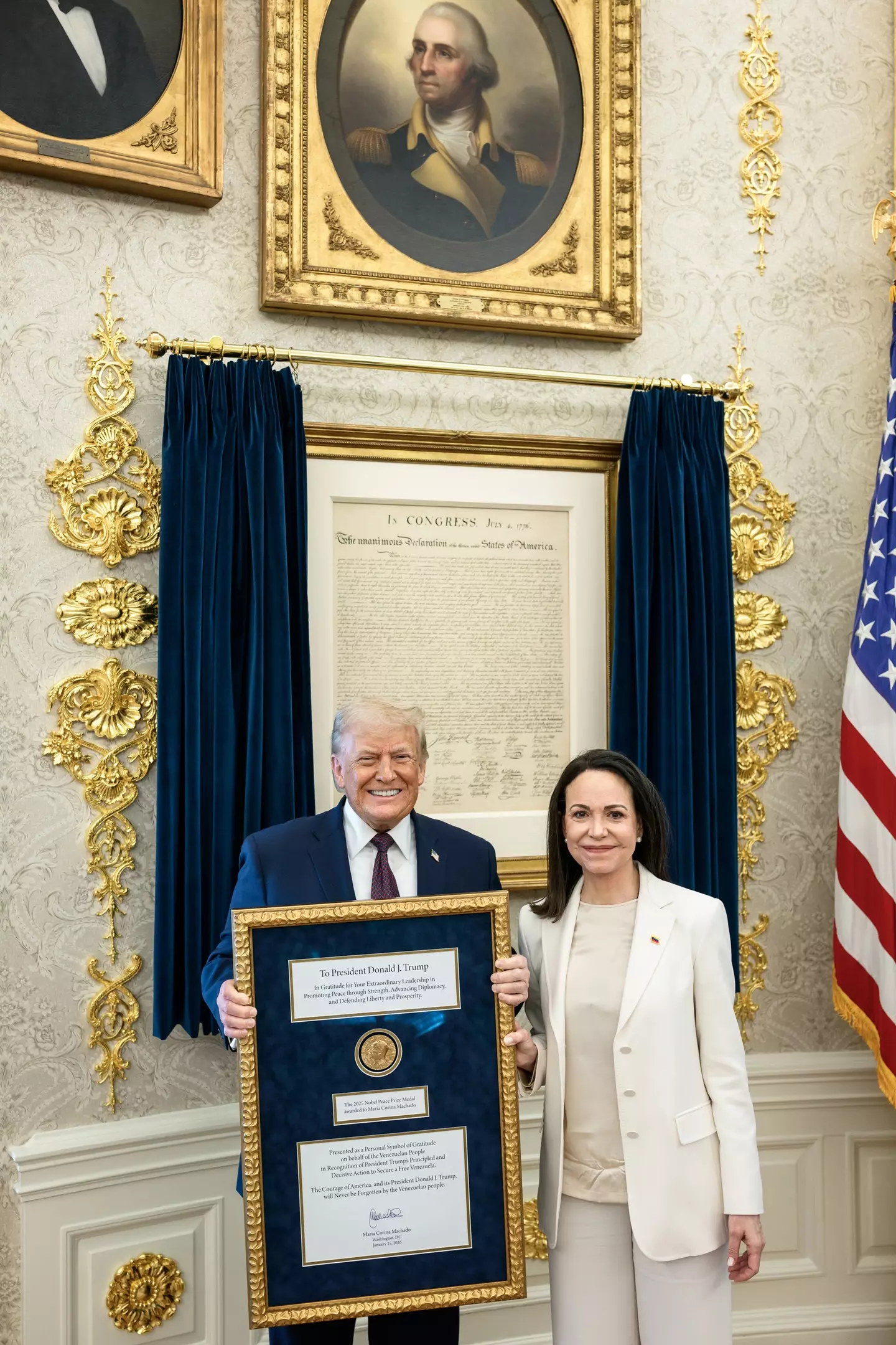 The Republican was presented the Nobel Peace Prize medal by 2025 recipient, María Corina Machado (Daniel Torok/The White House via Getty Images)