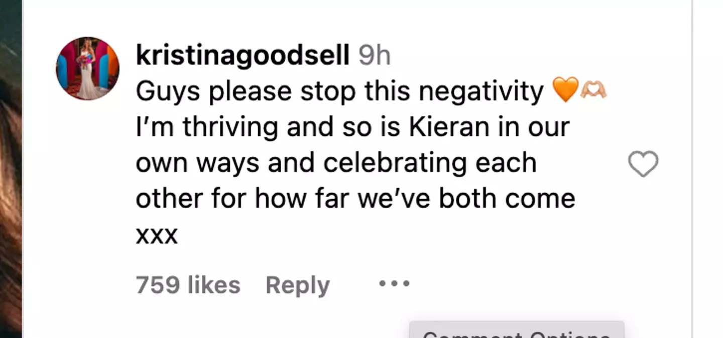 Kristina has responded to Kieran's statement (Instagram)