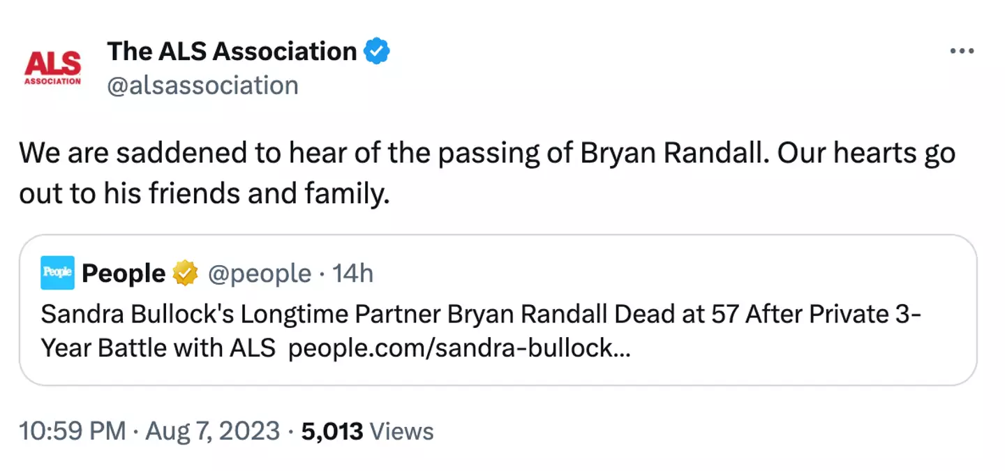 The ALS Association acknowledged the death of Bryan Randall on Twitter.