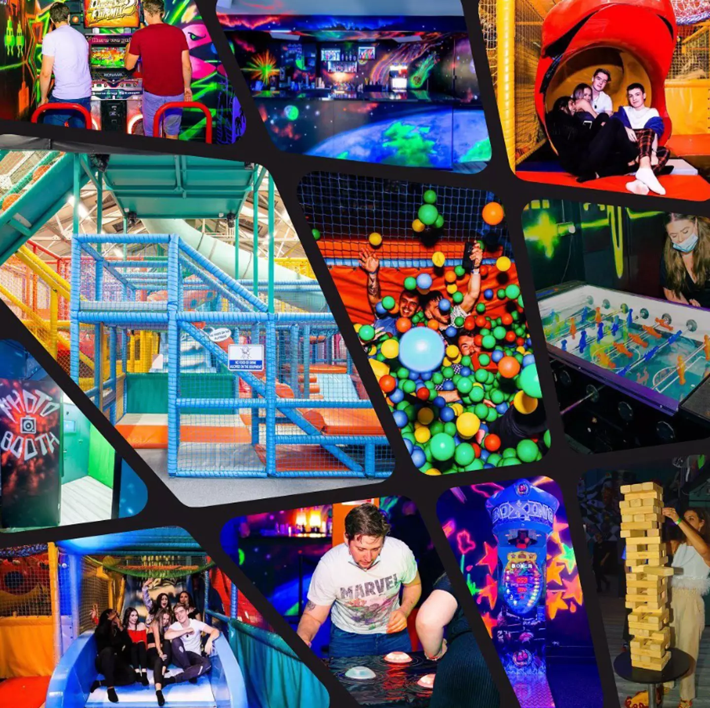The adults-only soft play centre features ball pits, tunnels and giant slides.