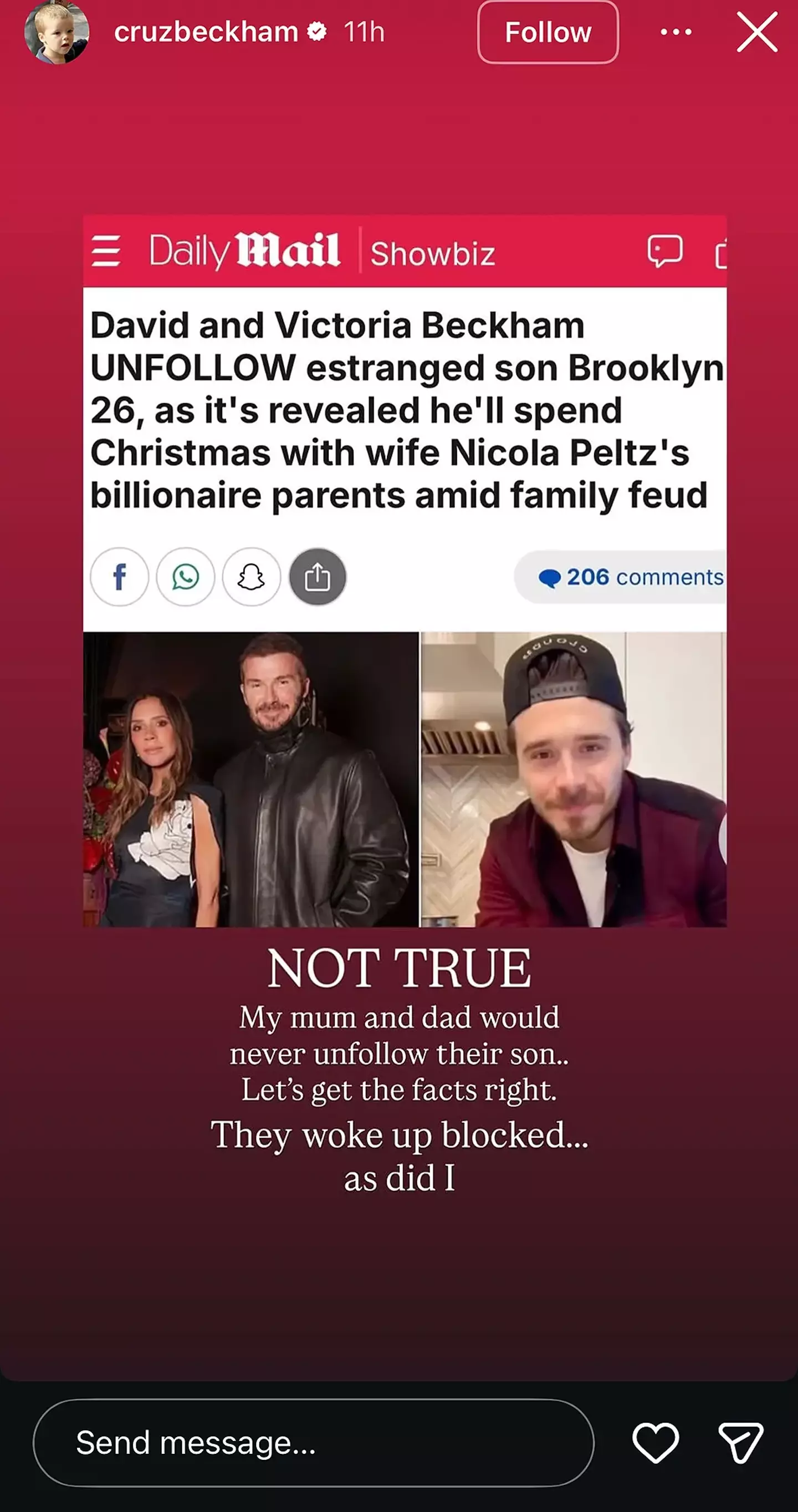 Cruz previously took to Instagram to hit out over the unfollowing claims (Instagram/@cruzbeckham)