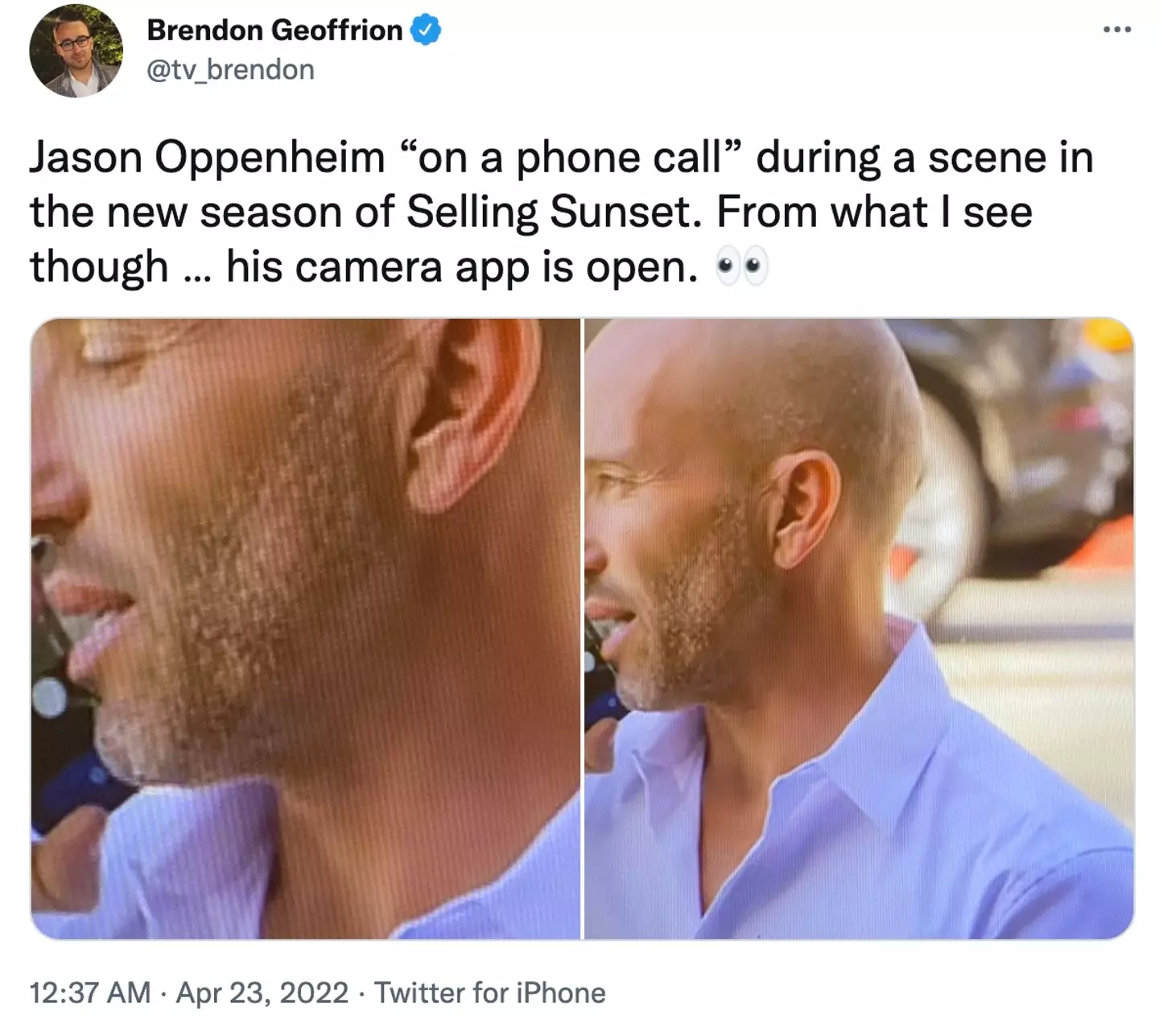 Brendon also tweeted: “Jason Oppenheim ‘on a phone call’ during a scene in the new season of Selling Sunset. From what I see though … his camera app is open.” (Twitter @tv_brendon).