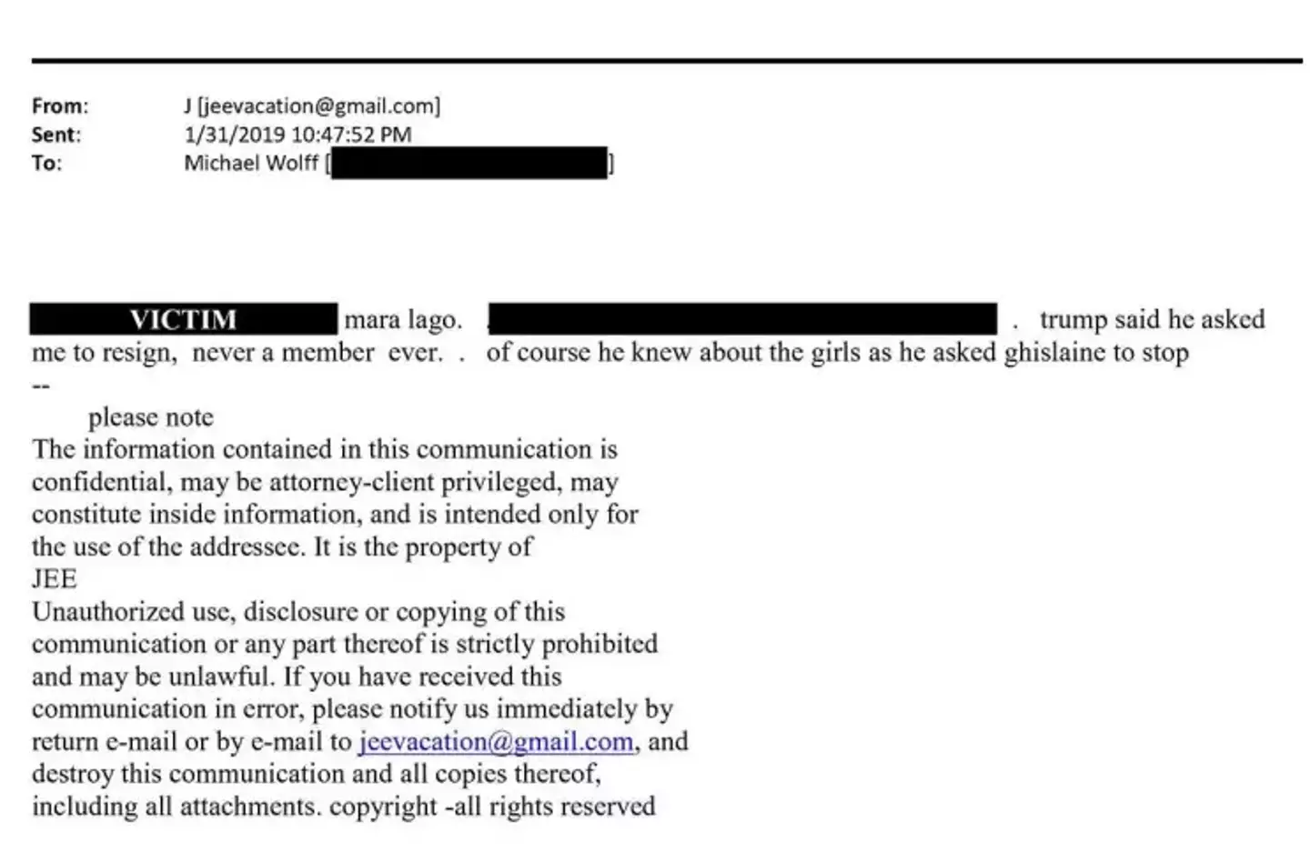 Email from Jeffery Epstein to Michael Wolff in January 2019 (US House Oversight Committee)