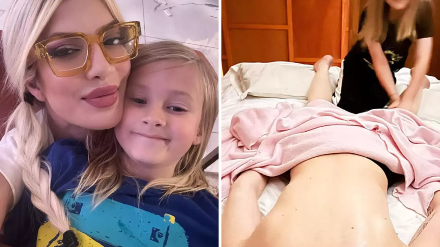 Tori Spelling hits back at critics who shamed her for posting photo with son, 7, giving her a massage