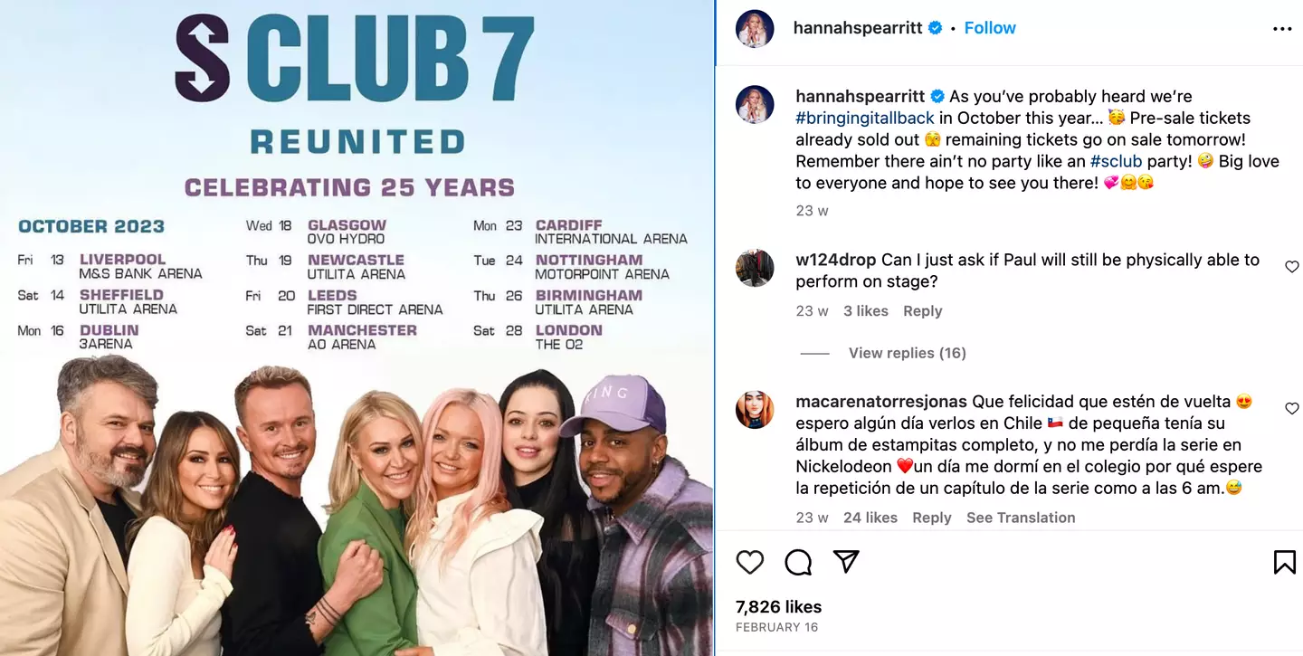 Hannah Spearritt shared news of the reunion tour when it was announced.