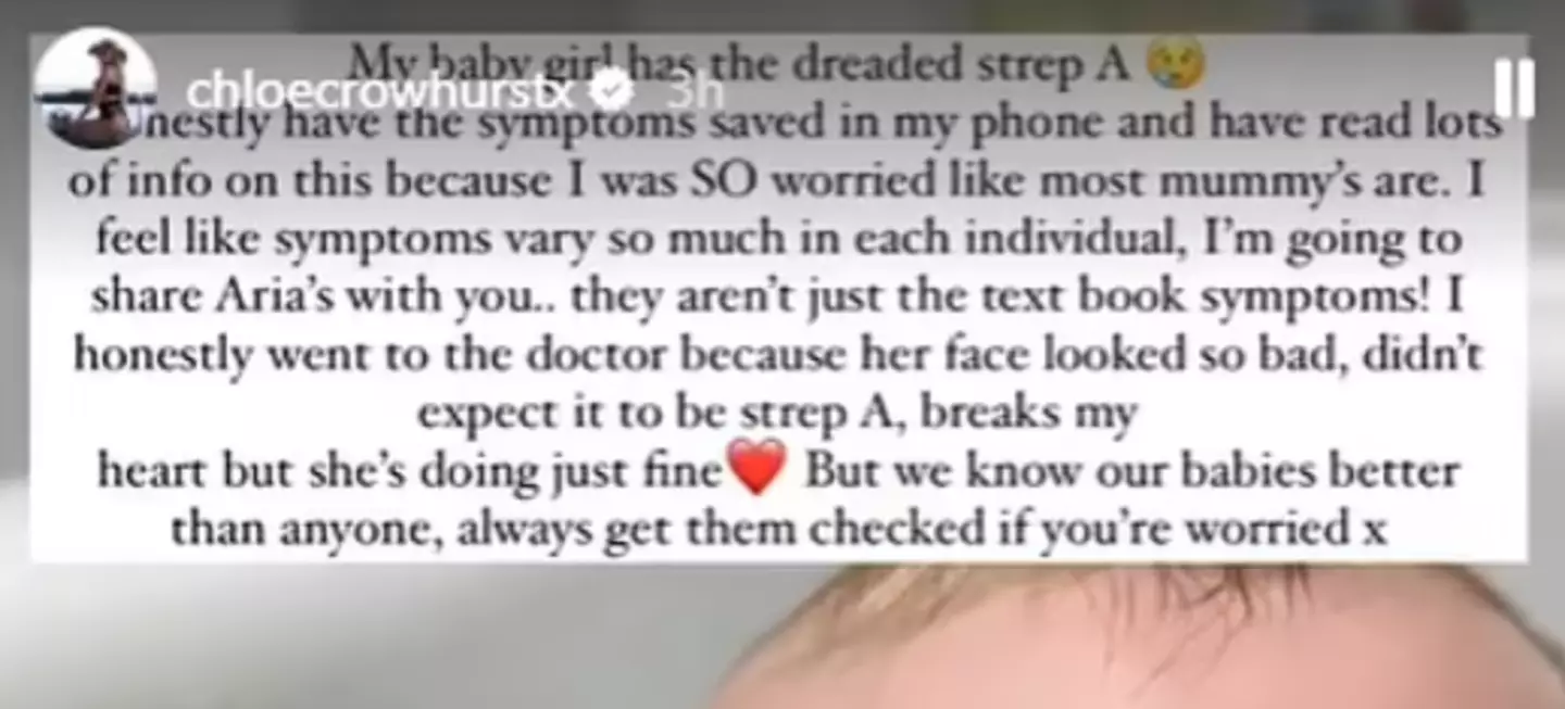 Chloe shared her daughter's symptoms on Instagram.