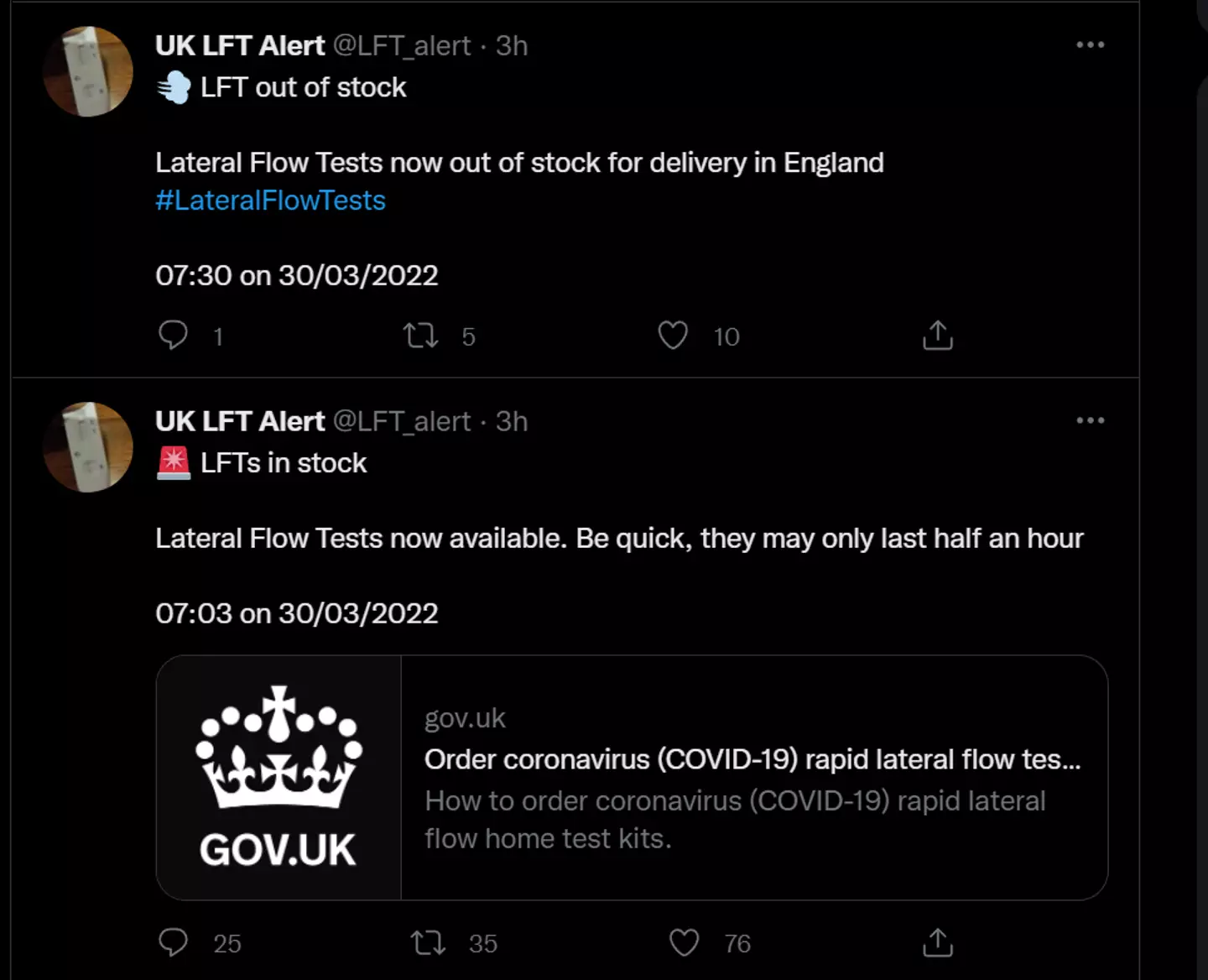 The twitter account send alerts when lateral flows are available to order (